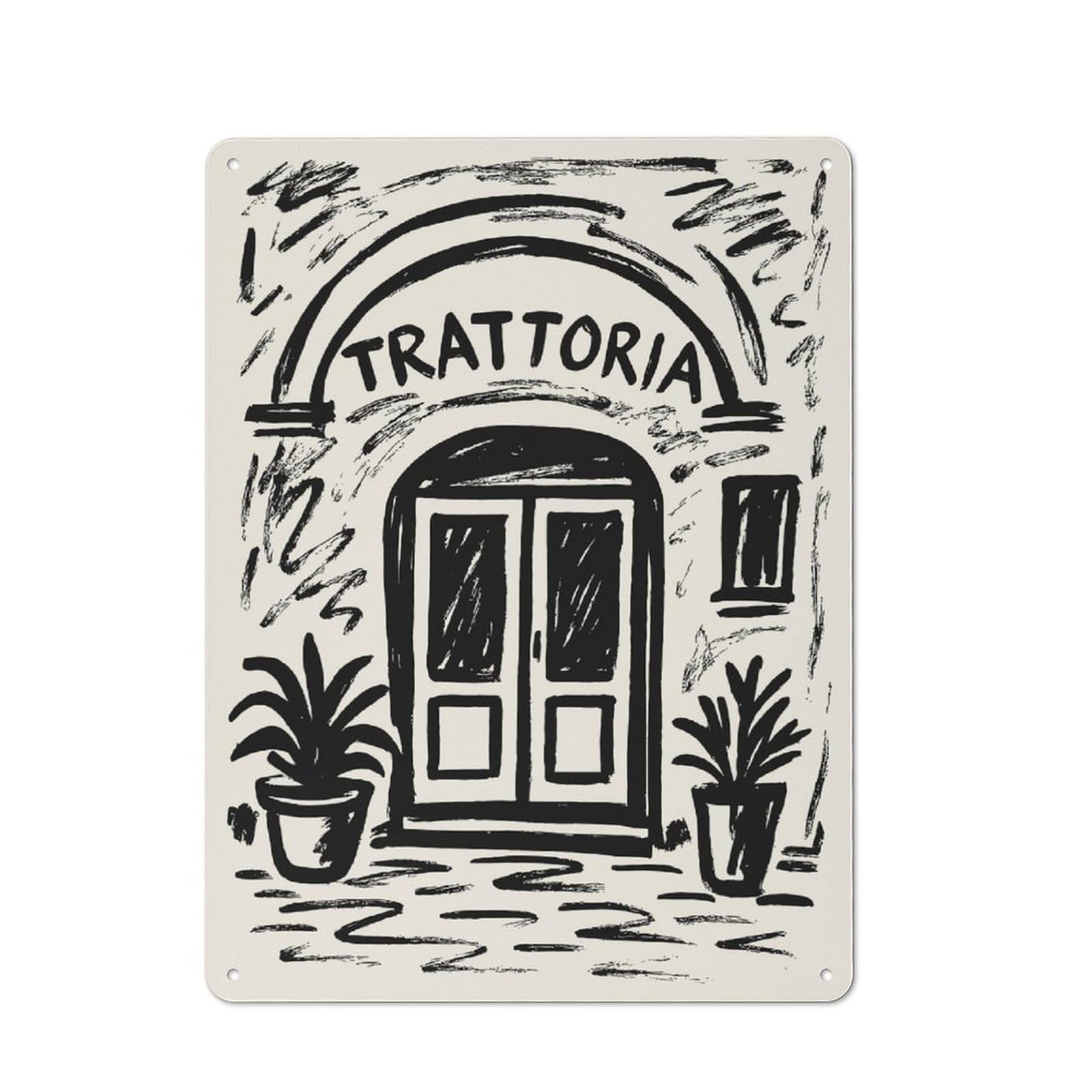 Trattoria Illustration Warehouse Style Metal Wall Decor 40x30cm, Metal Wall Sign for Workspace, Cafe, Hallway Or Garage