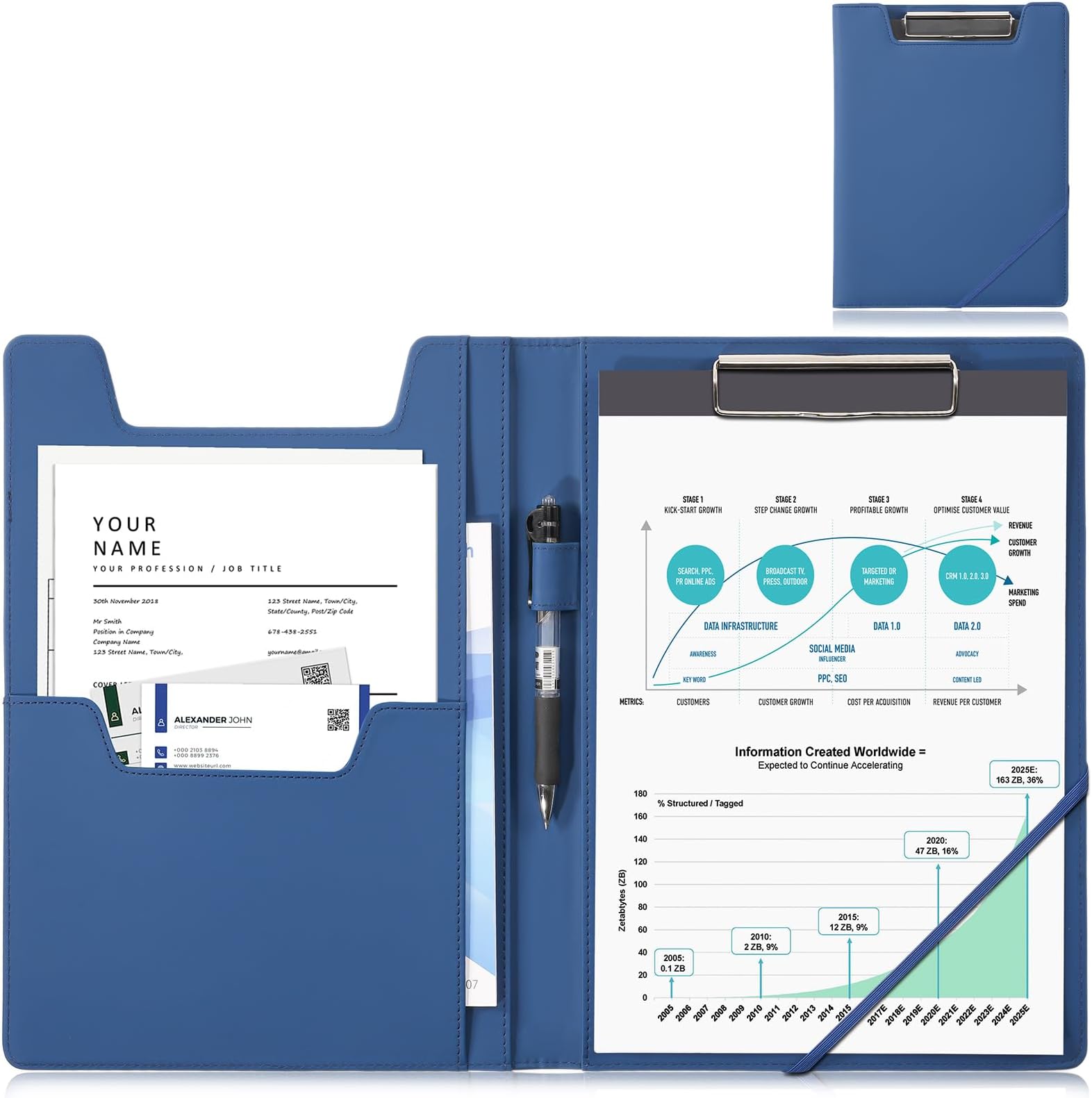 ProCase Clipboard Folder Portfolio, Leather Business Padfolio Organizer Letter Size Professional Folder Binder for Interview Meeting Resume Office Conference School -Darkblue