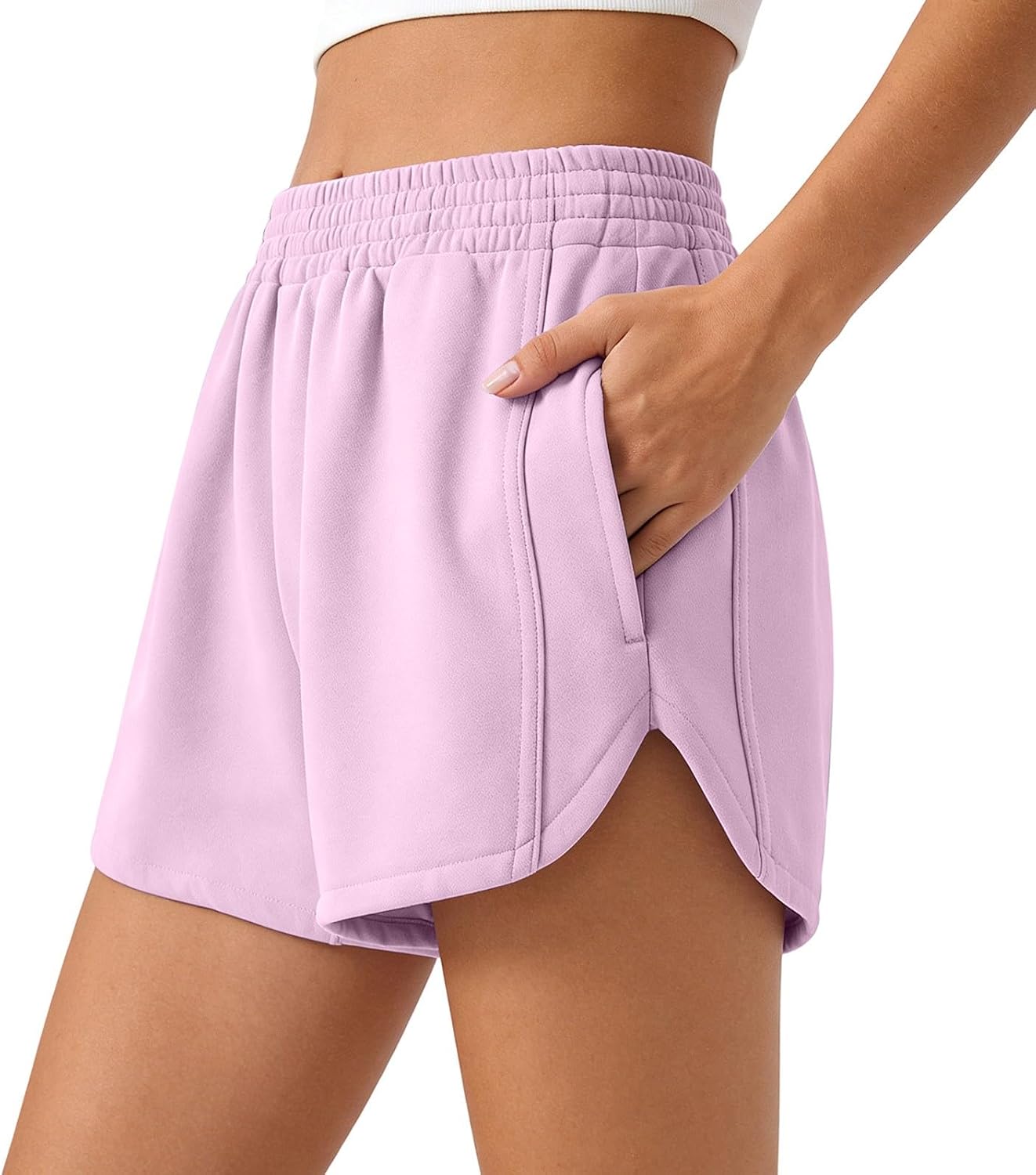 Womens Sweat Shorts High Waist Athletic Shorts Summer Loose Elastic Drawstring Short Split Sweatpants with Pocket
