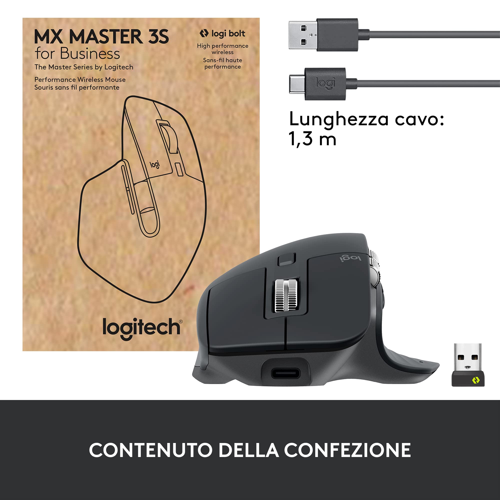 Logitech MX Master 3S for Business, Mouse Wireless con Clic Silenzioso, 8K DPI, Ricevitore USB Logi Bolt Protetto, Bluetooth, USB-C, MagSpeed, Windows/Mac/Chrome/Linux - Grigio