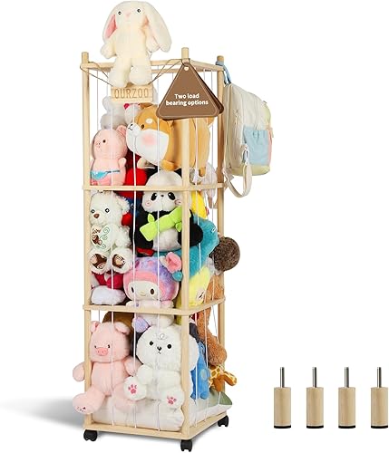 Caleb Almacenamiento y organización de animales de peluche con ruedas, soporte de madera de 54 pulgadas, lindo organizador de almacenamiento de