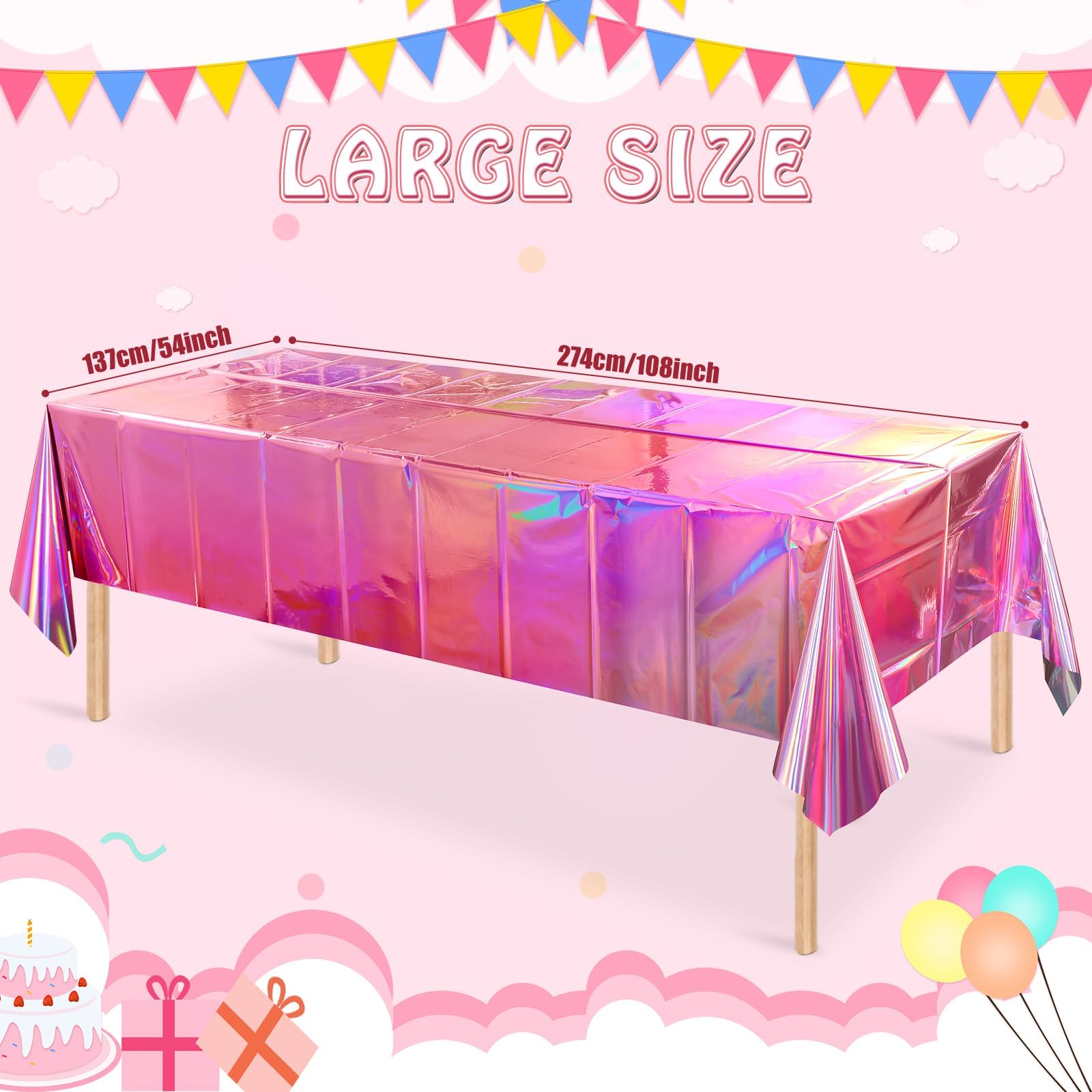 Tovaglie in Plastica Iridescente Olografica, 2 PCS Tovaglia Compleanno Bambina, Lucida per Decorazioni, 137 x 274 cm Tovaglia Rettangolare, per Feste di Compleanno a Tema, Discoteca (Rosa)