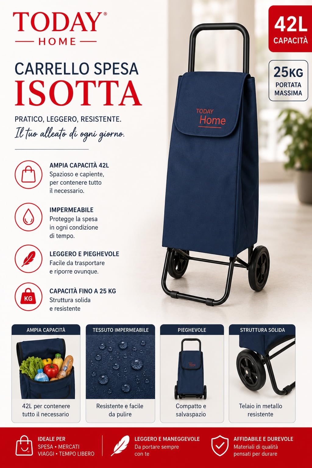 Carrello Spesa Pieghevole Isotta 42L con 2 Ruote, Impermeabile, Leggero, Capacità 25 kg