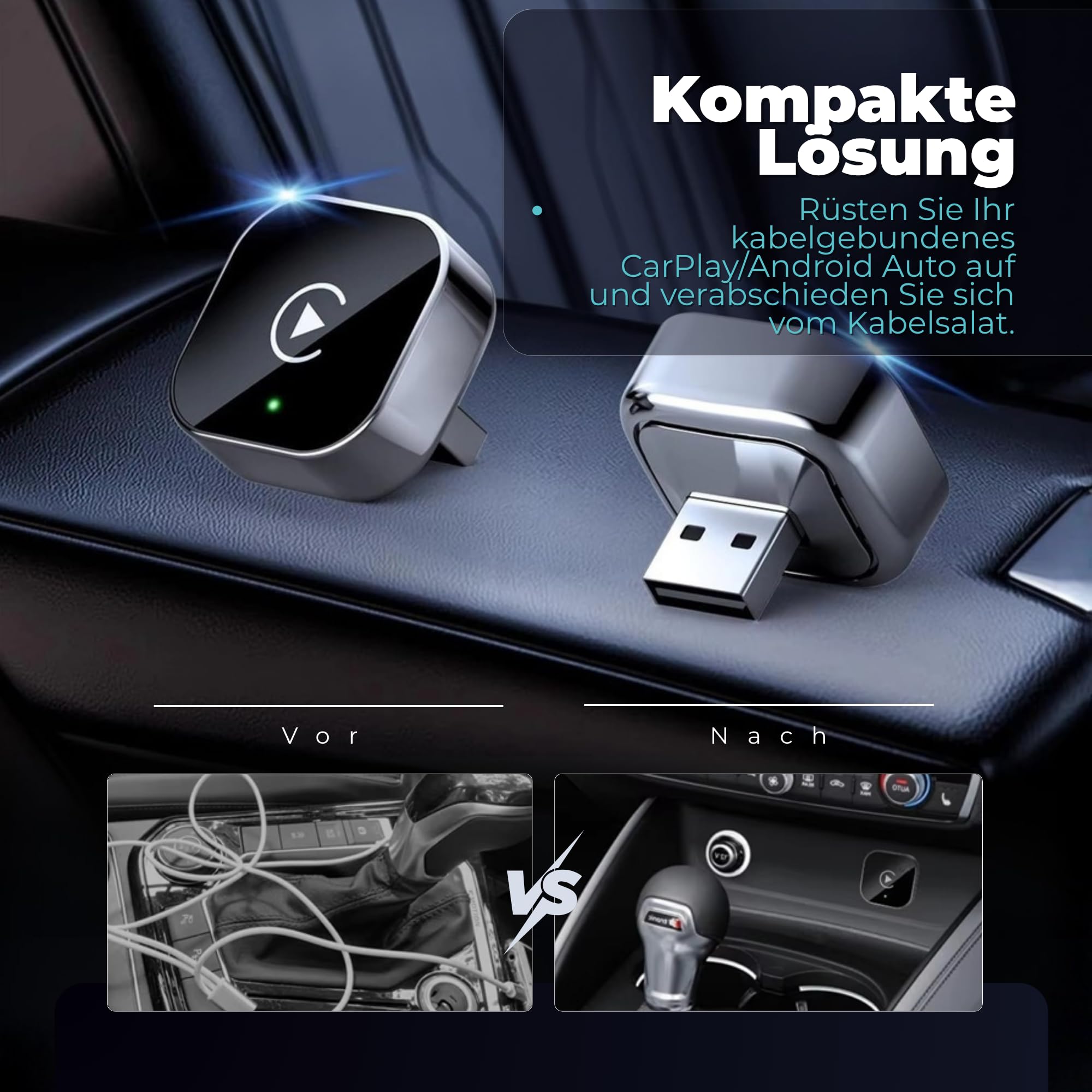 Carplay Wireless Adapter 2-in-1 Mini 2026, Android Auto Wireless Adapter, Plug & Play, schnelle Wiederverbindung ca. 3 s, USB-A/USB-C, 3 Zubehörteile für schwer erreichbare Anschlüsse
