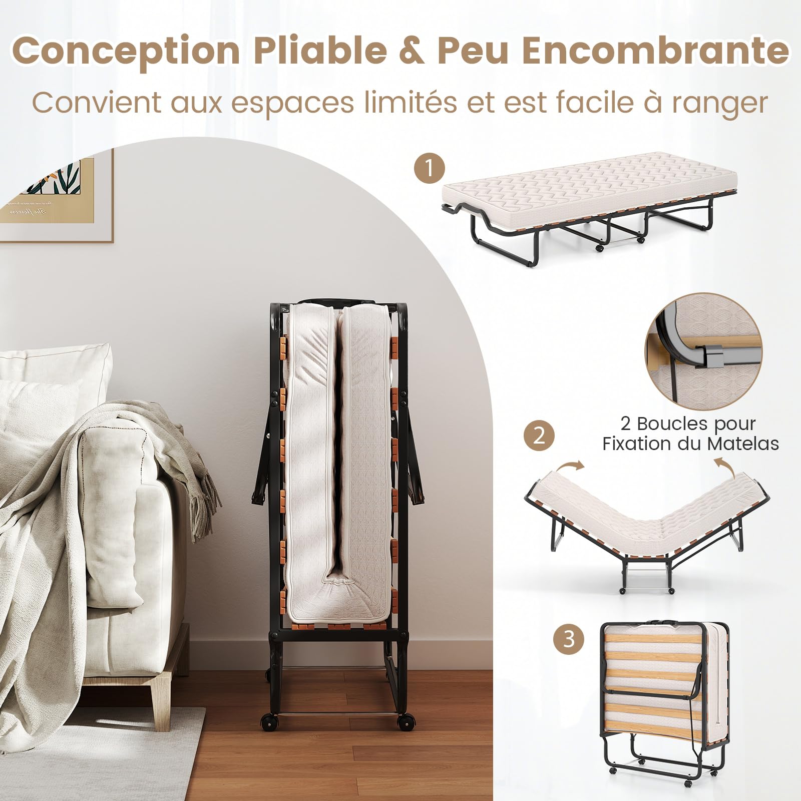 Costway lit pliant avec matelas 10 cm épais, lit pliant d'appoint 90 x 200cm sur roulettes avec structure stable pour maison, bureau et camping, bleu