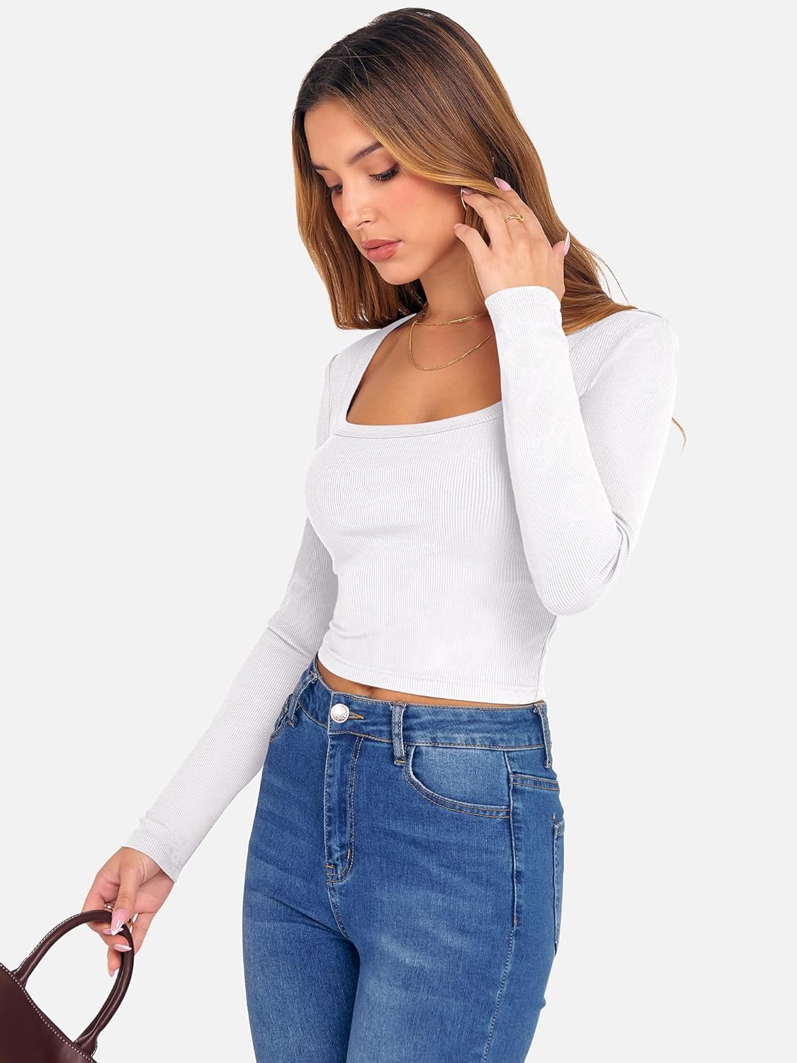 ANRABESS Women's Long Sleeve Square Neck Crop Top Ribbed Slim Fitted Basic Tee Layer Y2K Shirts Fall Fashion Outfits 2025 - Image 3