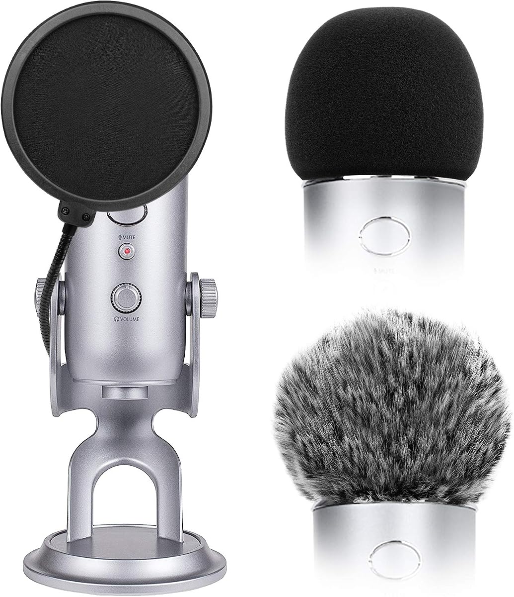 Microphone Cover with Pop Filter, 3 in 1 Mic Furry Windscreen Microphone Foam Cover Pop Filter Compatible with Blue Yeti and Yeti Pro Condenser, Combo 3Pack