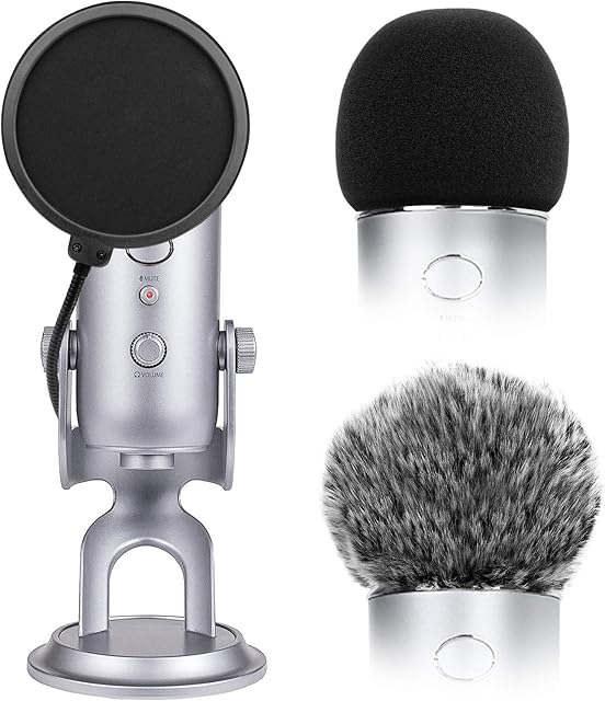 ChromLives 2pcs Microphone Furry Windscreen Mic Cover Foam for Blue Yeti + Microphone Pop Filter Dual Layer Mask Shield Fit Mic Blue Yeti and Yeti Pro Condenser (Combo 3Pack)