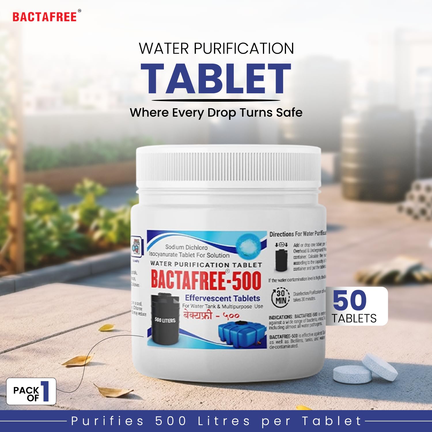Bactafree 500 Water Purification Tablets - Each Tablet for 500 Litres, 50 Tablets Pack - Water Treatment and Disinfectant Tablet for Overhead & Underground Tank - 25,000 Litres Purification, Pack of 1