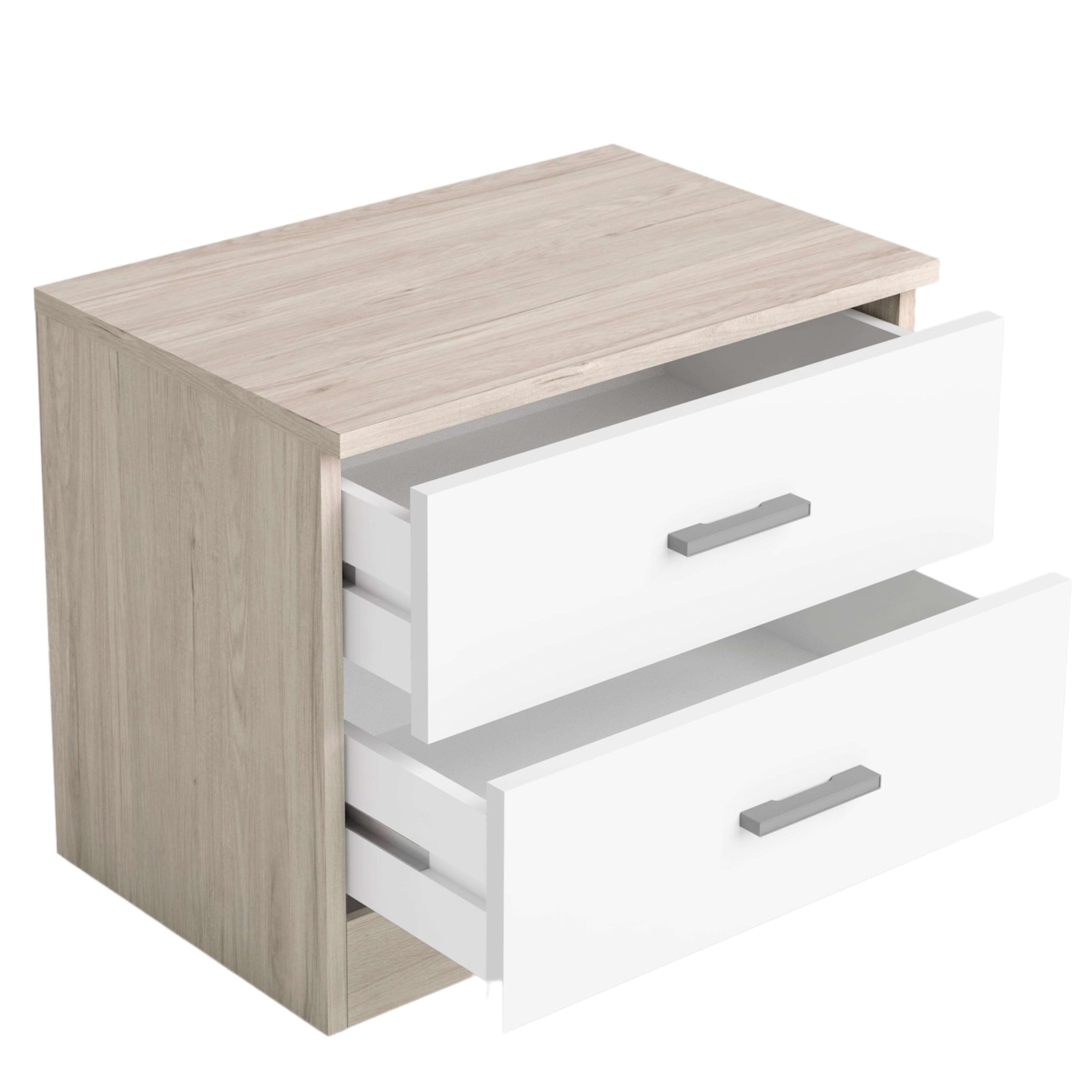 Miroytengo Pack Muebles Dormitorio con cabecero, cómoda y mesita Noche 2 cajones en Blanco Mate y Sahara
