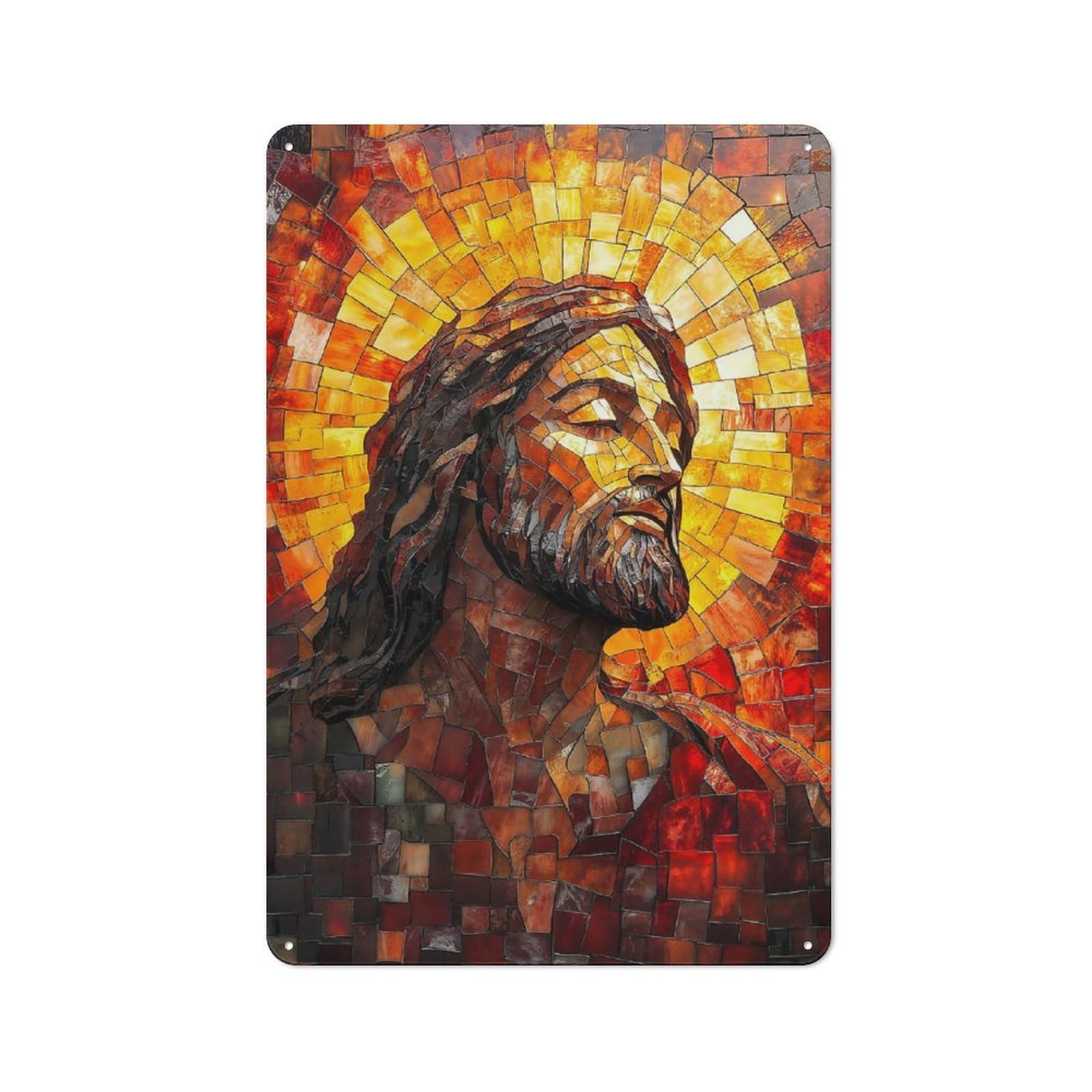 Junmoney Jesus Christ Stained Glass Mosaic Art Tin Sign 30X20cm For Café Or Home Bar, Rustic Wall Decor, For Café-Style Decor Fans