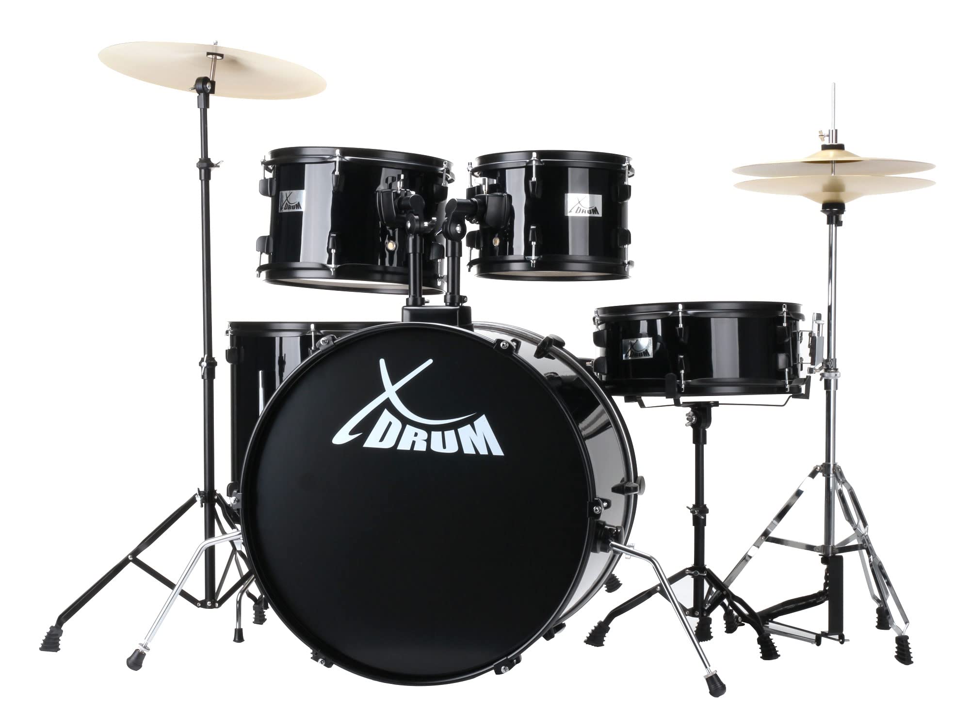 XDrum Rookie Batteria Fusion 22" Nera più Set Damping, 14" TT, 14" SD | Fusti in pioppo acusticamente pregiato con pellicola speciale, Hardware nera a 5 pezzi, doppio supporto, 14" TT, 14" SD