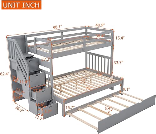 Miniatura 2 de Harper  Bright Designs Wood Bunk Bed Frame Twin Over TwinFull Bunk Bed with Trundle and Drawers Convertible Bunk Bed with Stairs and Guard Rail Gray