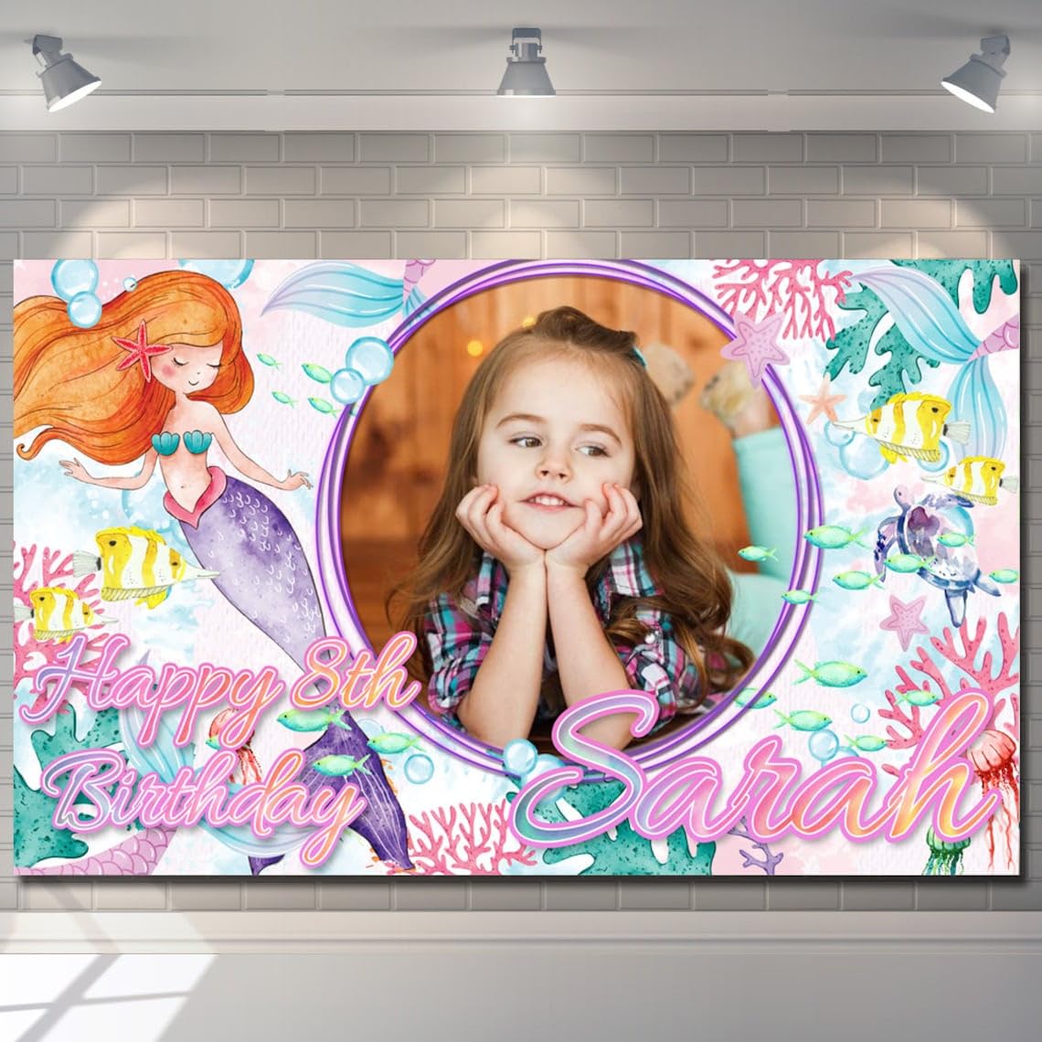 Birthday Backdrop Background Banner Personalised Mermaid pink girl baby children kids Poster Fabric Party Star Fish Sea Decorations-1st 2nd 3rd 4th 5th