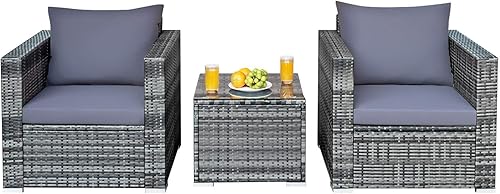 HAPPYGRILL Juego de 3 piezas para conversación de patio, juego de sofá de mimbre de ratán al aire libre con mesa auxiliar, juego de muebles de patio