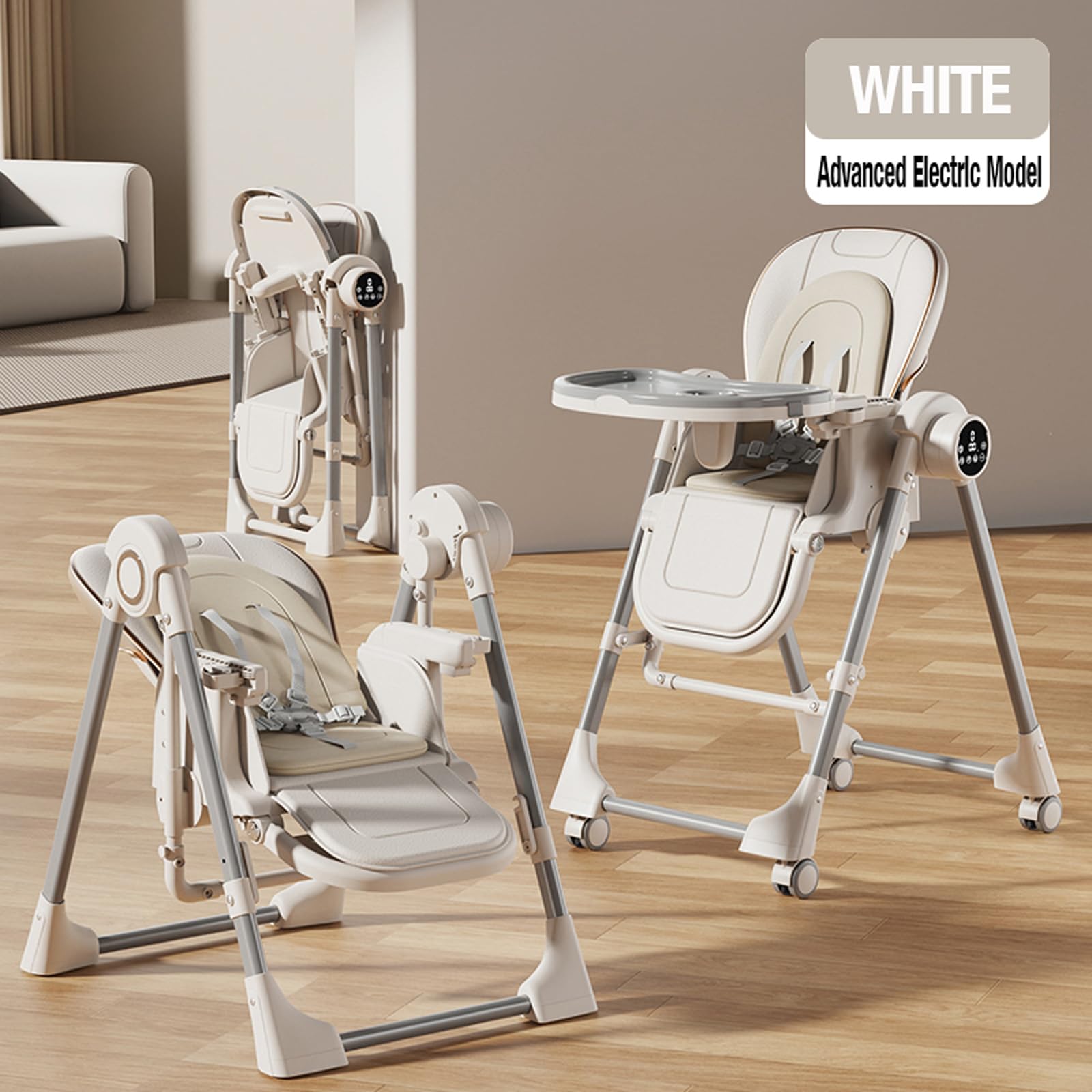 Magic ZC Elektrische Bluetooth Intelligent PU-Leder Baby-Hochstuhl Umwandelbar Faltbar Kleinkind-Esszimmerstuhl mit Verstellbaren Höhen und positionen mit Abnehmbaren Doppeltabletts (E8121 White)