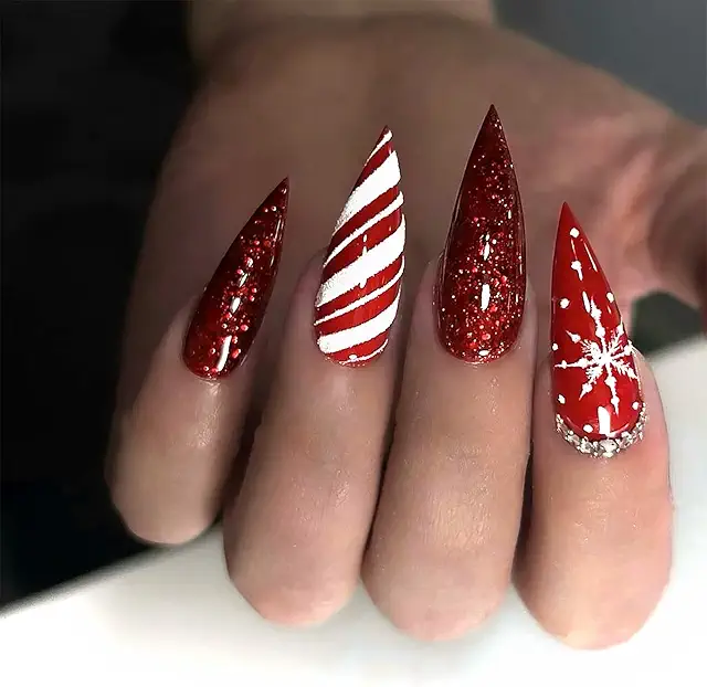 Red Christmas Nails - 30PCS Glitter Press On Nails with Glue