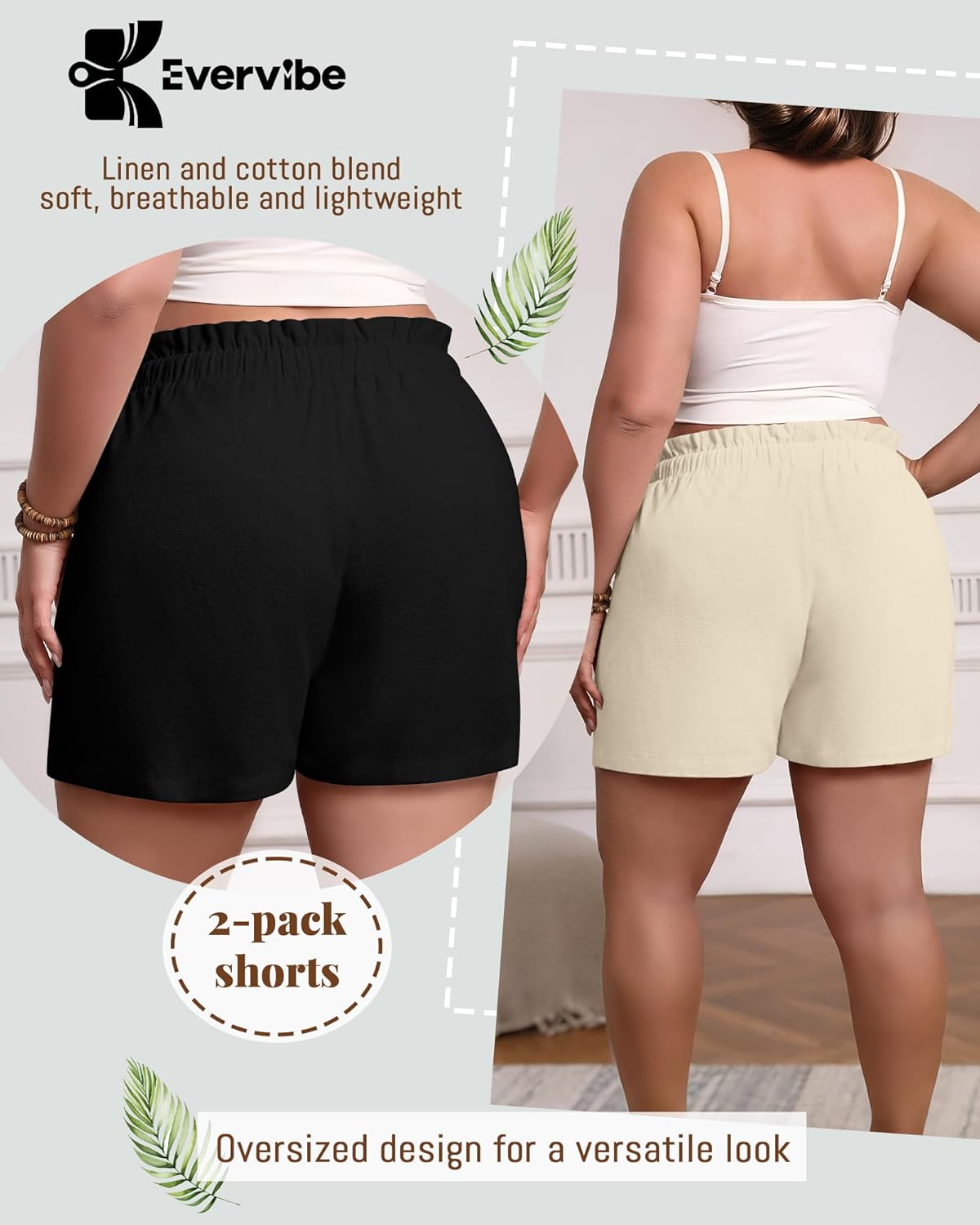Evervibe 2 Pack Women's Linen Shorts L-5xl Plus Size with Pockets Drawstring High Waist Wide Leg Casual Summer Shorts