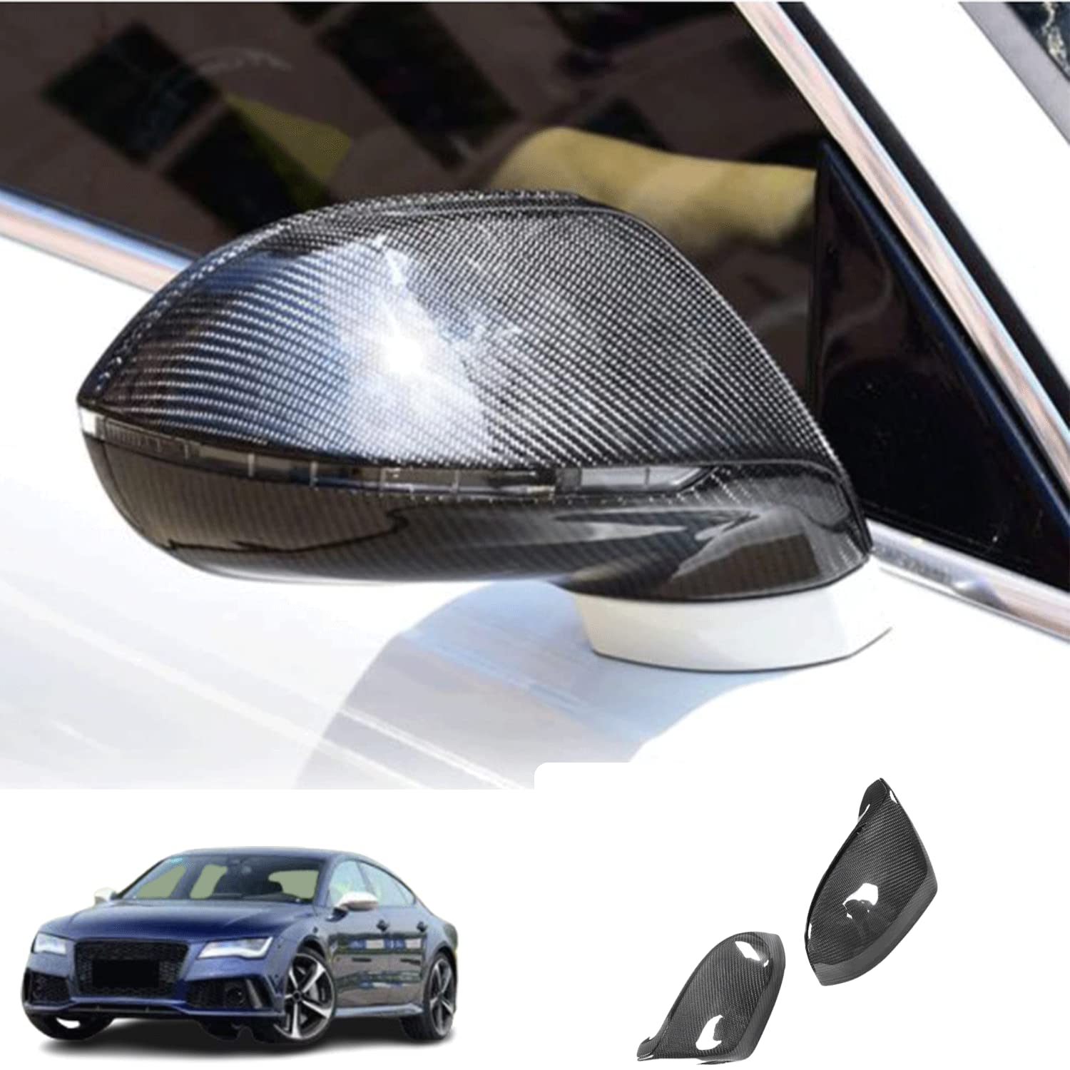 Jun-star A7 S7 S Line RS7 Carbon Fiber Mirror Cover Caps Fits for Audi A7 S7 S Line RS7 Hatchback 4 Door 2011-2017 Replacement Rearview Side Mirror Caps for Audi (with Side Lane Assist)