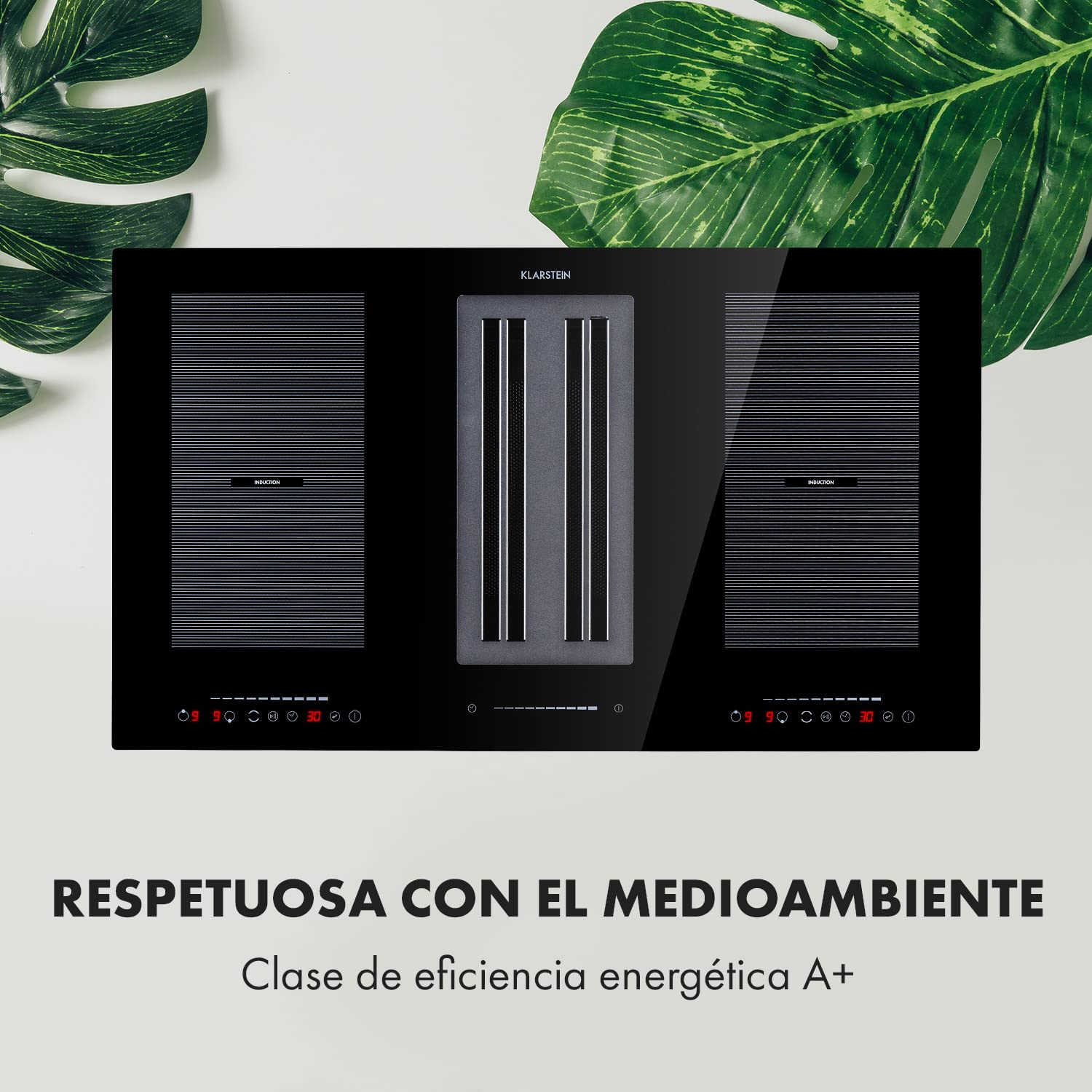 Klarstein Full House - Placa de inducción con extractor de humos integrado, 4 fogones, Conservación del calor, Extracción de 271 m³/h, Temporizador, Mecanismo de bloqueo, Táctil, 90 cm, Negro