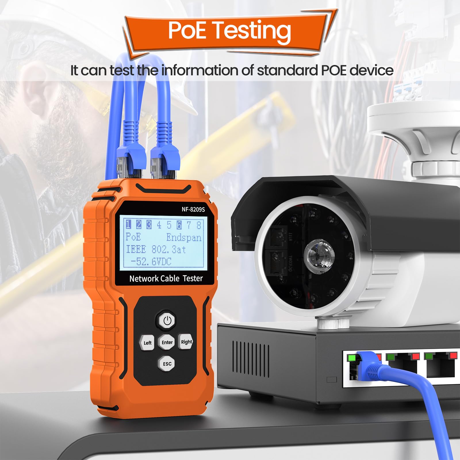 NF-8209S Netzwerkkabeltester mit PoE, Kabellängenmessung, Port-Blinkfunktion, RJ11/RJ45-Kabeltester, CAT5/CAT6-LAN-Netzwerktester, multifunktionale Anti-Interferenz-Scanmodi, Kabelverfolgung