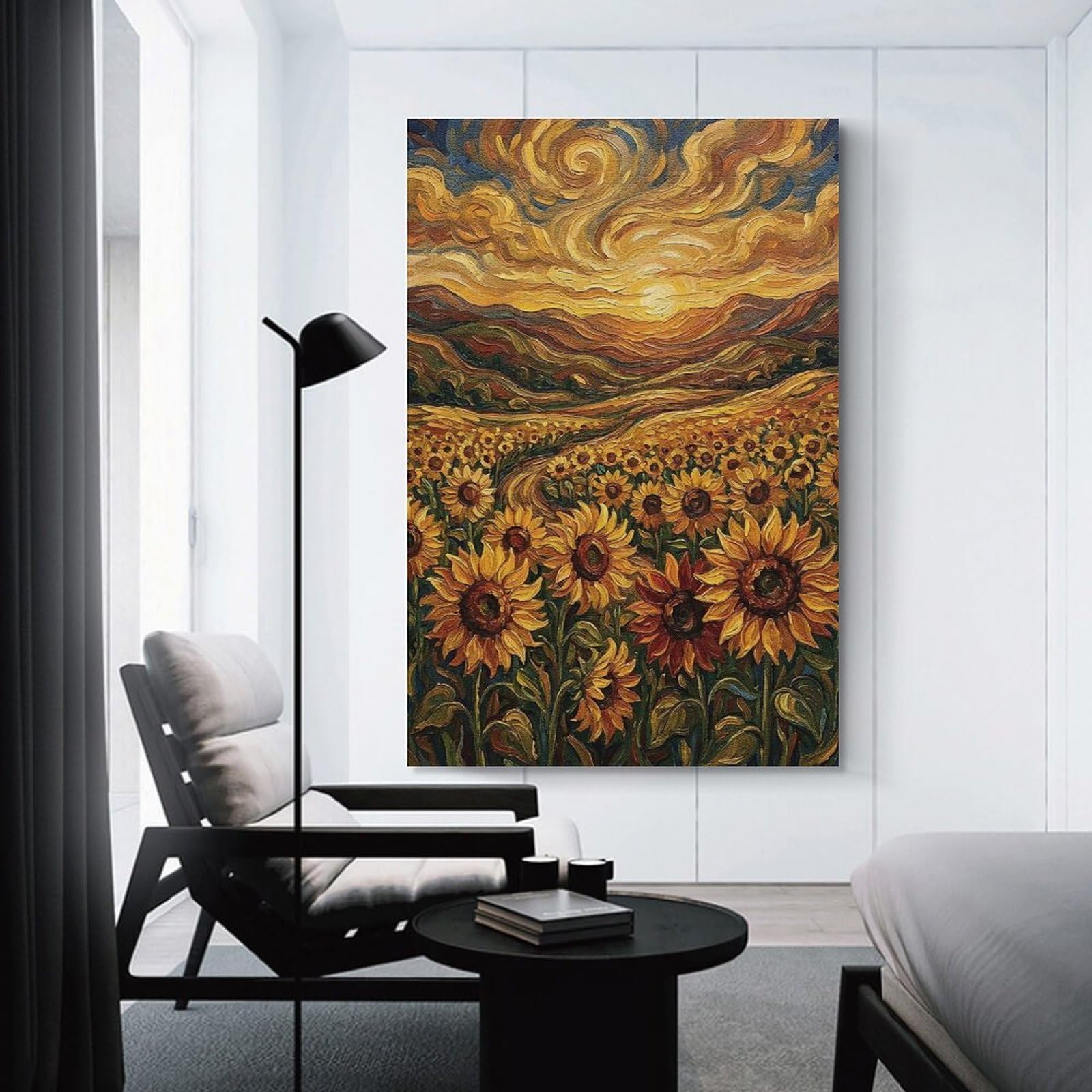 Junmoney Sunflower Field at Sunset Painting Wall Decor Canvas Print, 20x30inch(50x75cm), for Home Lounge, Bedroom Or Reading Nook, Decorative Artwork for Empty Walls