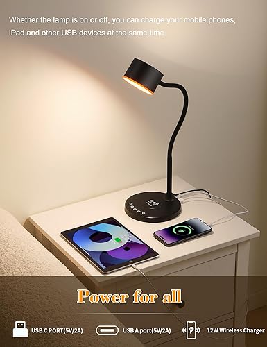 Miniatura 4 de Lámpara de escritorio LED con cargador inalámbrico, puertos de carga USB C + A, lámpara de noche de metal para cuidado de los ojos, lámpara de