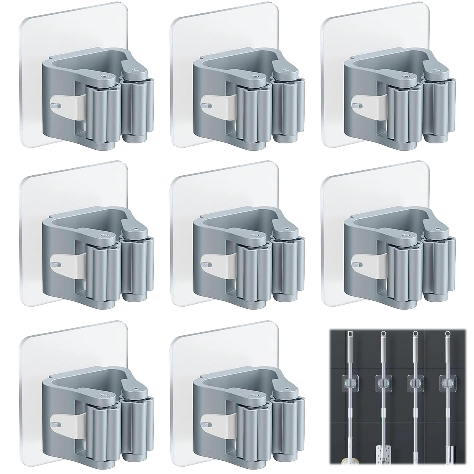 EXQUIMA 8 PCS Broom Holder, Self Adhesive Mop Holder Wall Mounted, Grey Broom Storage Organiser, Non Slip Mop And Broom Holder For Kitchen Bathroom Garage Utility Room Cleaning Tool Storage