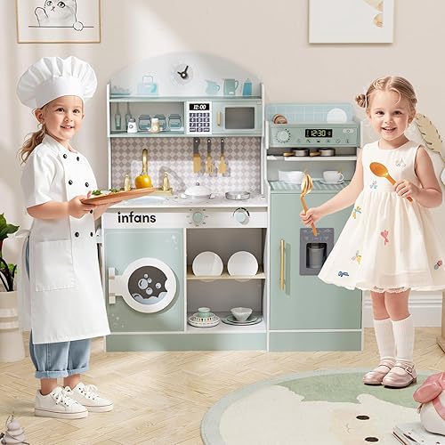 Miniatura 2 de INFANS Juego de cocina para niños, juego de cocina de madera para niños pequeños, juego de juguetes de cocina con cafetera, máquina de hielo,