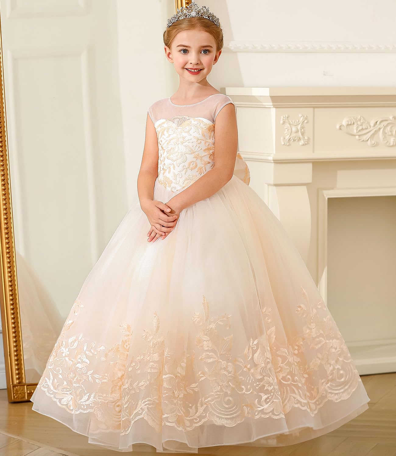PLWEDDING apliques de encaje de fantasía vestido de niña de flores vestido de novia niñas princesa vestido de bola de tul