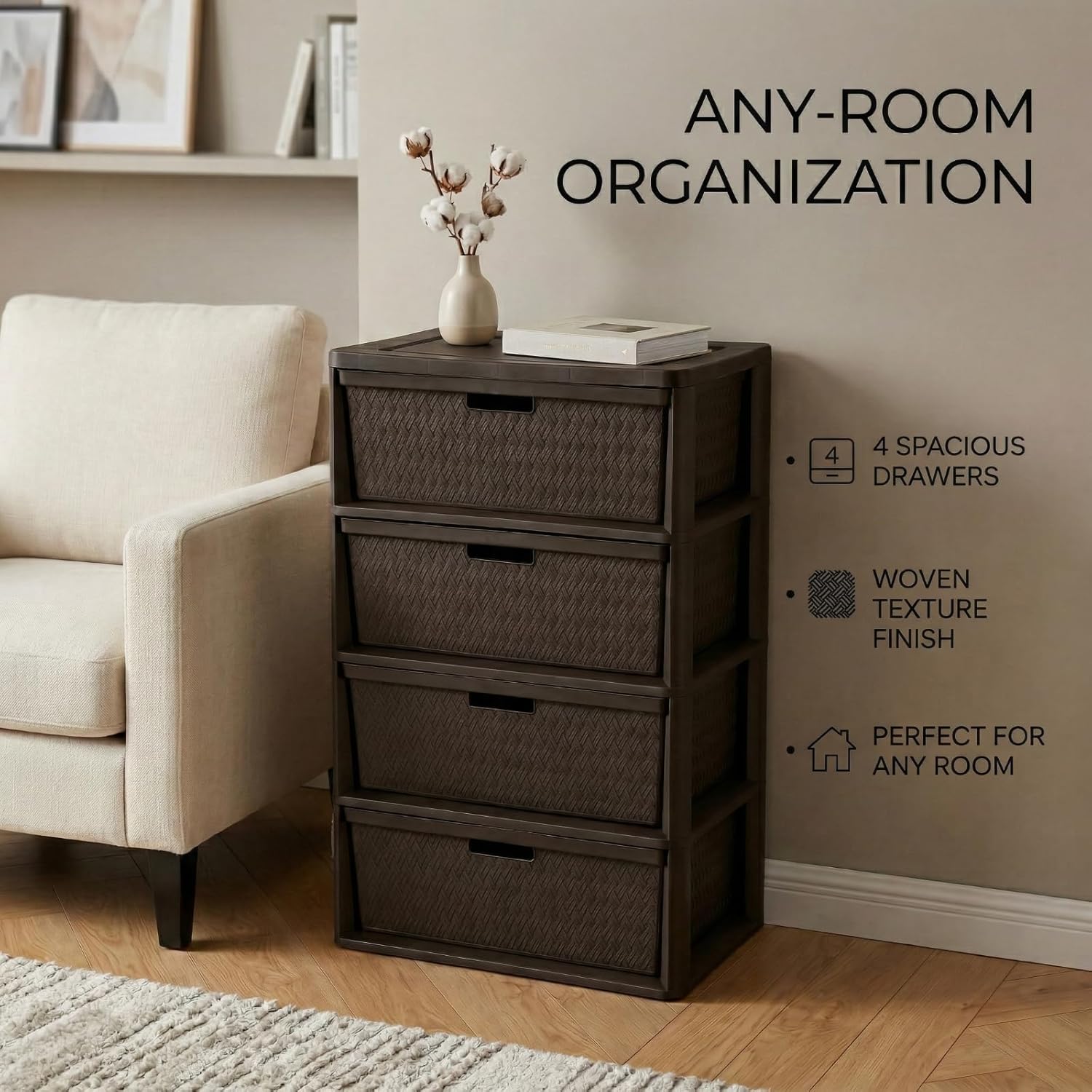 Wide 4-Drawer Plastic Storage Tower, Decorative Cross-Weave Dresser Organizer Enhance Your Space with Woven Elegance, Brown