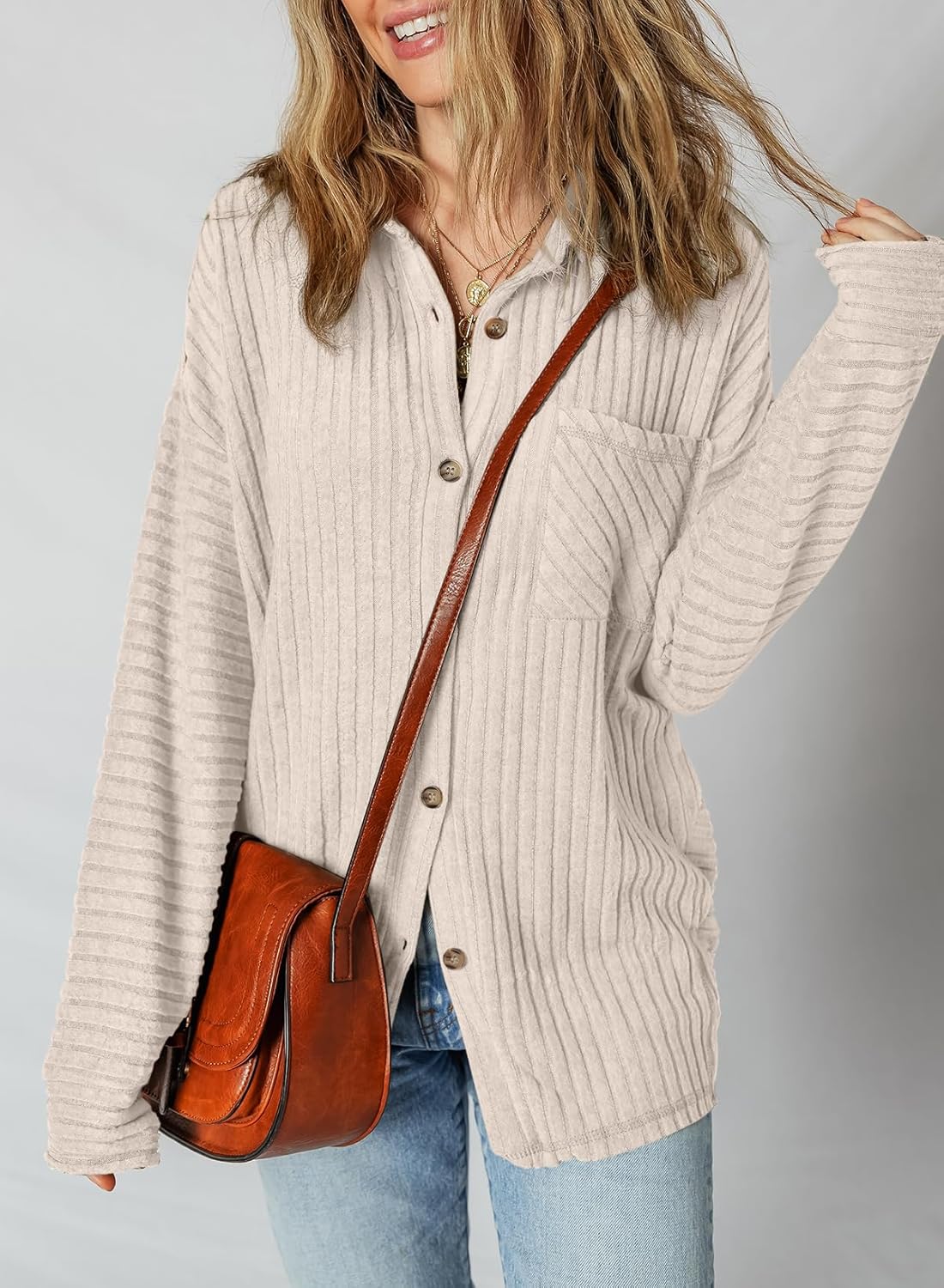 SHEWIN Womens Ribbed Knit Shacket Jacket Casual Long Sleeve Button Down Shirts Loose Sweater Tops Dressy Blouses with Pocket - Image 4