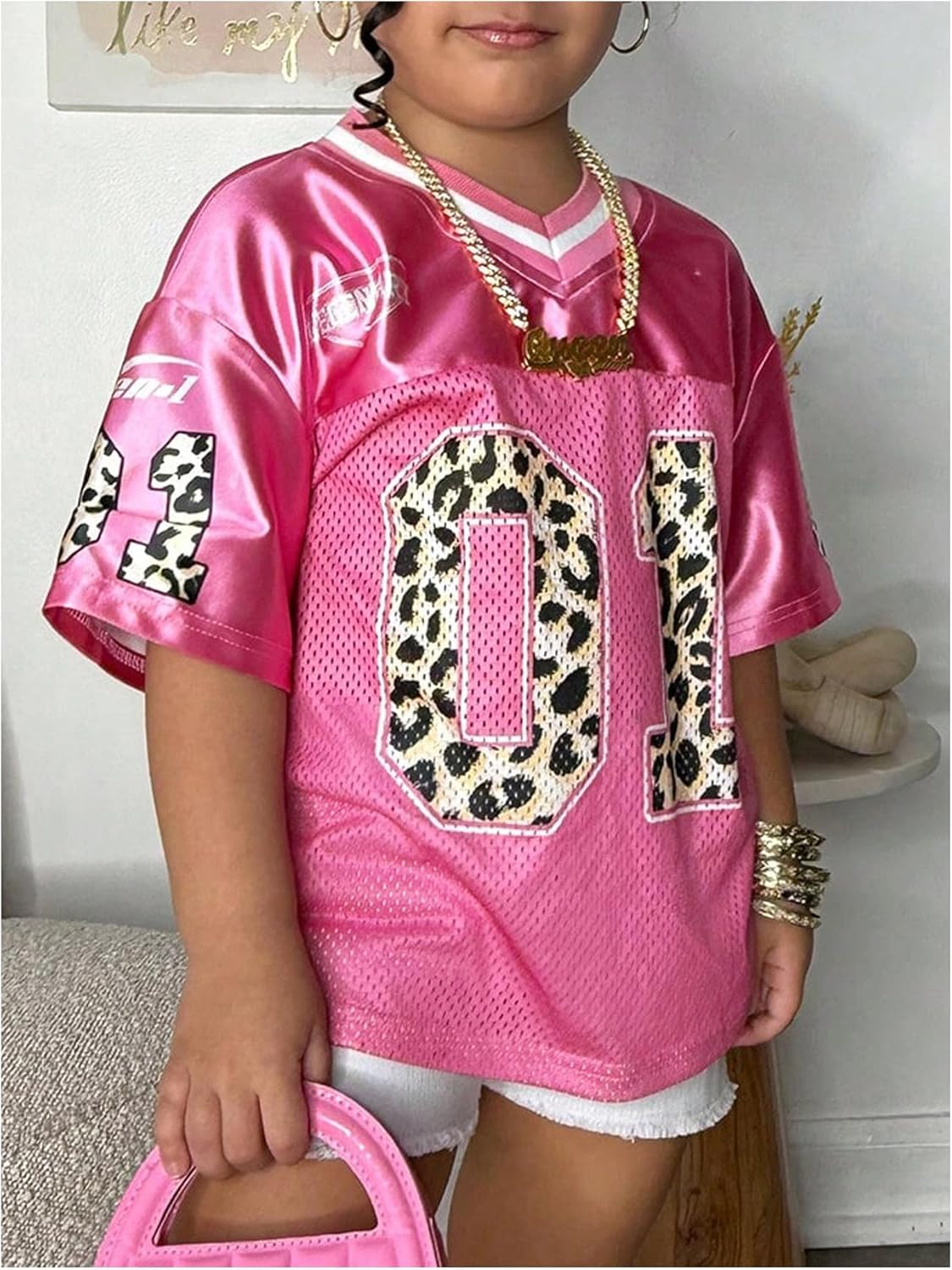 SweatyRocks Girl's Jersey Shirts Leopard Number Graphic Tees V Neck Short Sleeve Oversized T Shirts - Image 4