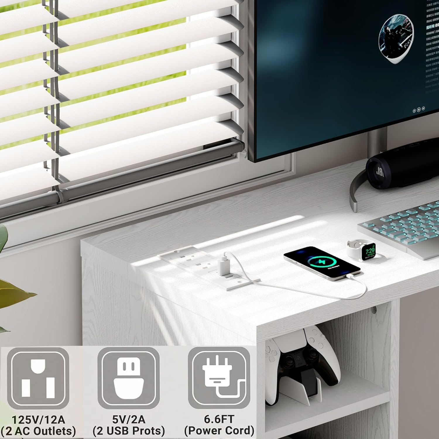 BLANKSPACE L-Shaped Computer Desk with 360°Swivel Desktop & 6 Open Shelves - Rotating Home Office Corner Desk with Power Outlets for Working and Study White Walnut