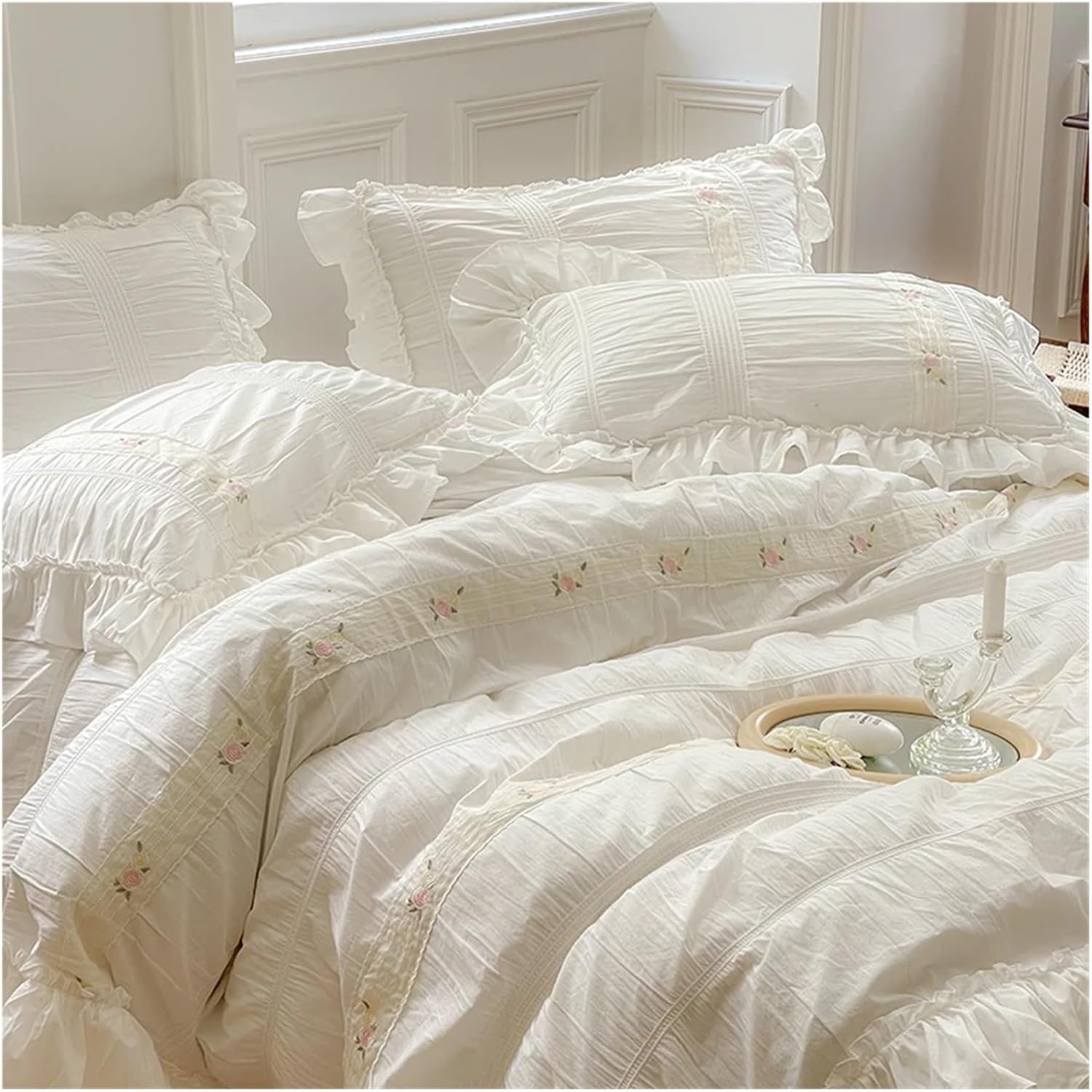 Soft Washed Cotton Embroidery Patchwork Bedding Set Pillowcases Bed Sheet Duvet Cover Set Queen King Size 4pcs,Bed