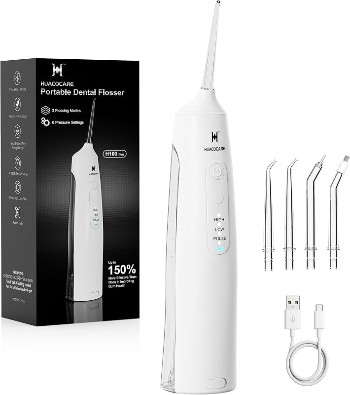HUACO CARE irrigador dental inalámbrico - 6 configuraciones de presión con 3 modos, diseño ergonómico compacto de 220 ml, batería de 30 días de duración, irrigador bucal portátil impermeable IPX7 para dientes, encías y aparatos ortopédicos (blanco)