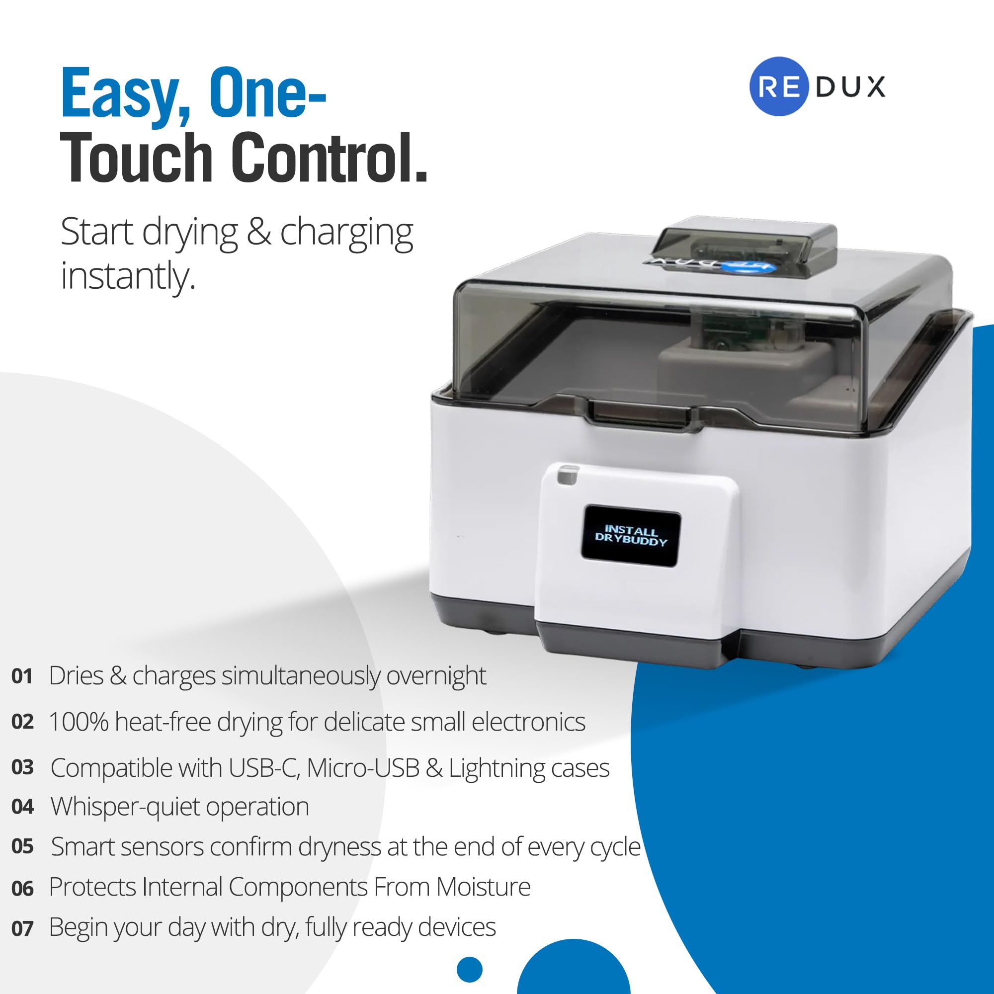 Redux Ultra Dry & Charge - Deumidificatore per apparecchi acustici con asciugatura senza calore, rimozione dell'umidità, porta di ricarica per apparecchi acustici ricaricabili, auricolari e piccoli