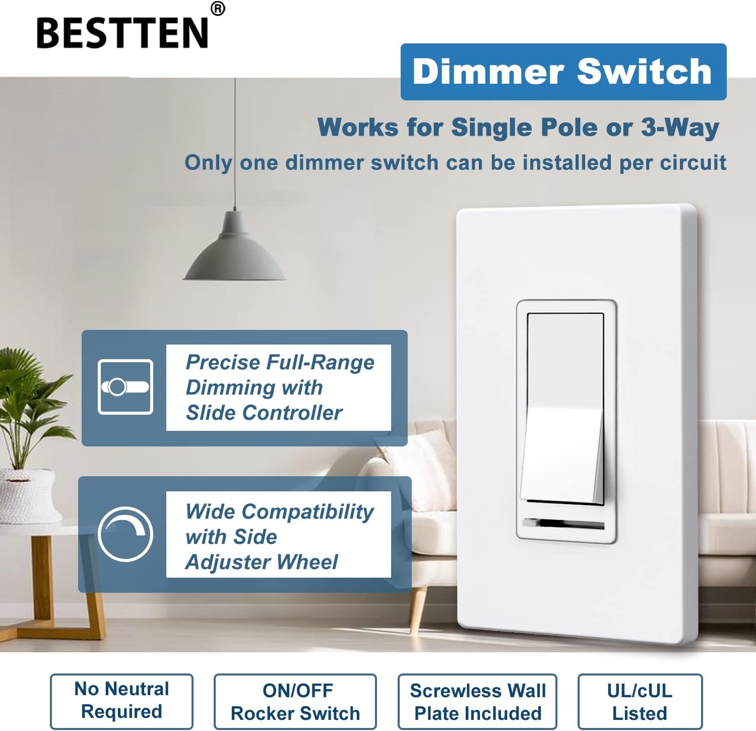 [10 Pack] BESTTEN Dimmer Wall Light Switch, Single Pole or 3-Way, Compatible with Dimmable LED, CFL, Incandescent and Halogen Bulb, 120VAC, UL Listed