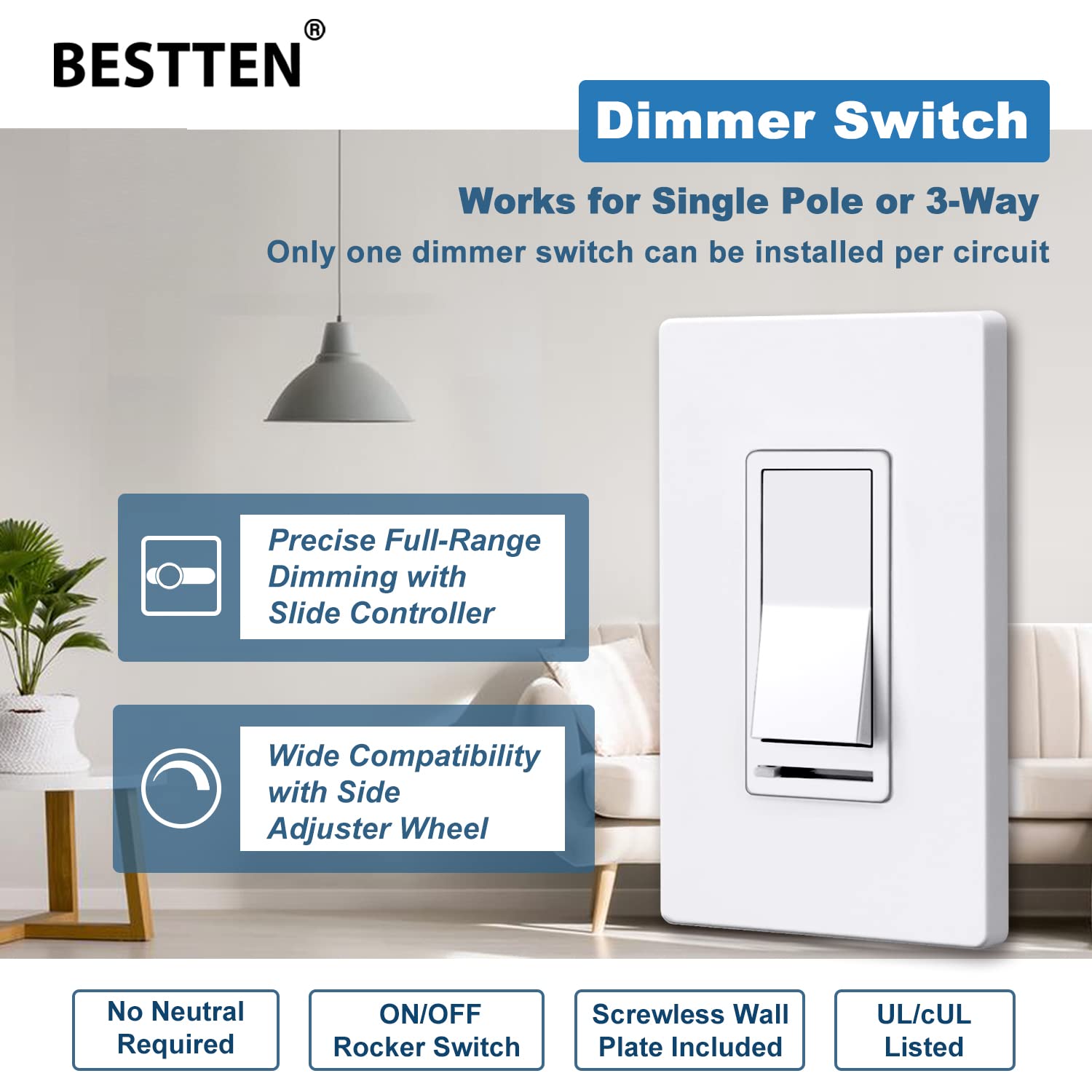 [10 Pack] BESTTEN Dimmer Light Switch, 3 Way or Single Pole, for Dimmable LED, Incandescent, Halogen Bulbs and CFL Lamps, UL Listed