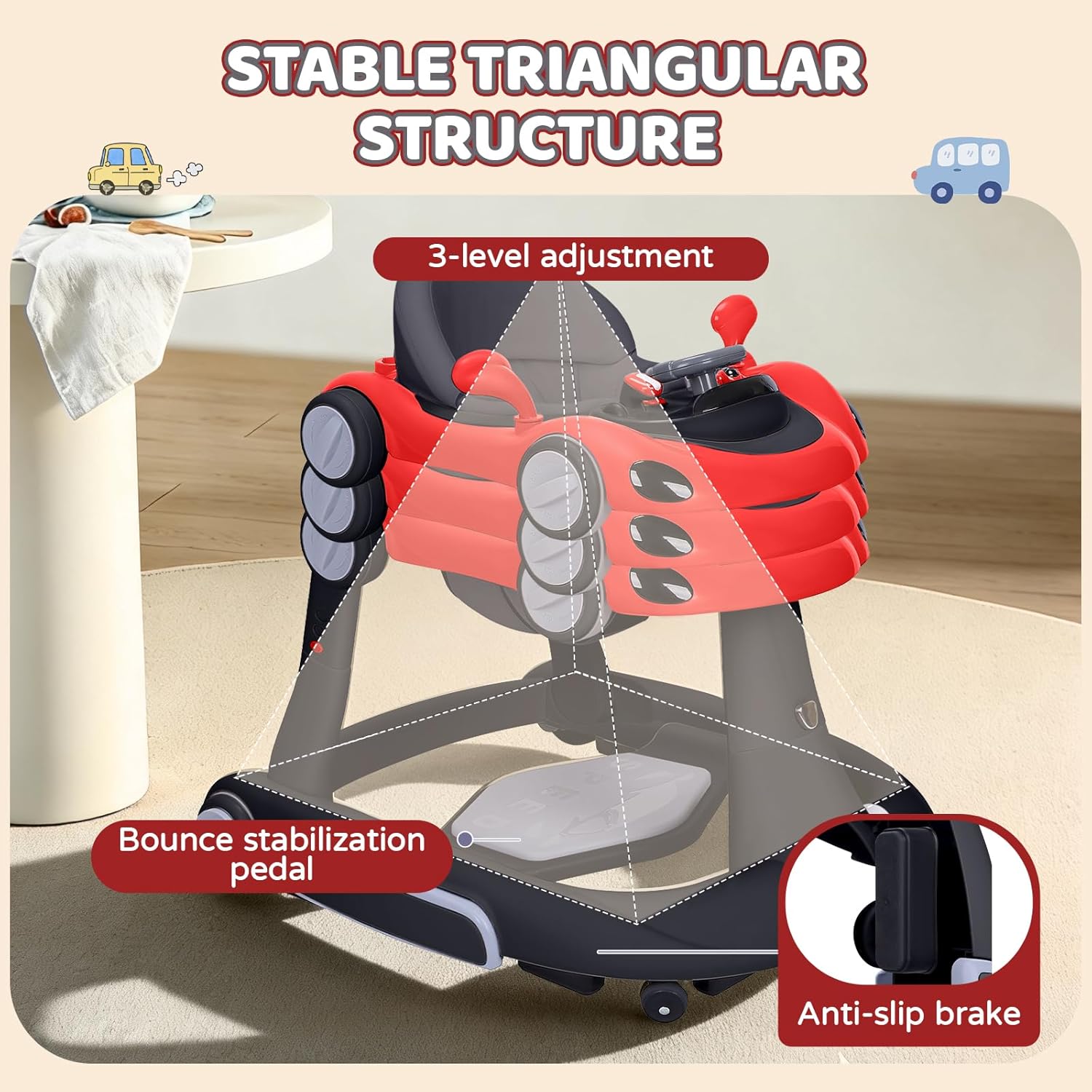 Baby Walker with Wheels, 5-in-1 Foldable Infant Toddler Walker for Boys Girls 6-18 Month, Music Walker for Baby with Car Steering Wheel &Removable Footrest,Baby Push Walker in Red and Black - Image 5