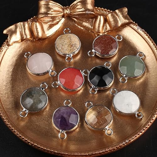 Miniatura 5 de 10 piezas de conectores de piedra natural forma redonda facetada de aleación plateada con borde curativo de ágata de cristal para hacer joyas,