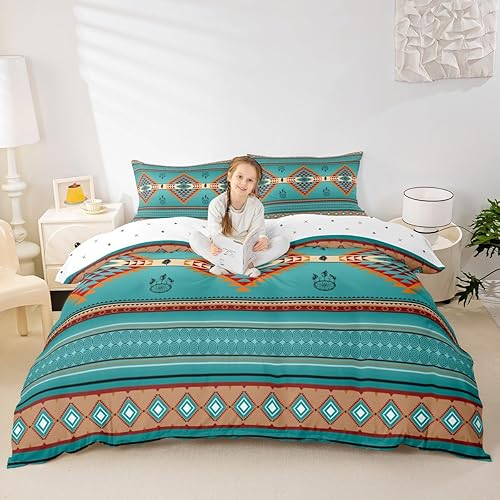 Miniatura 3 de Juego de ropa de cama occidental, tamaño Queen, funda de edredón azteca nativa del suroeste para mujeres y hombres, funda de edredón exótica de