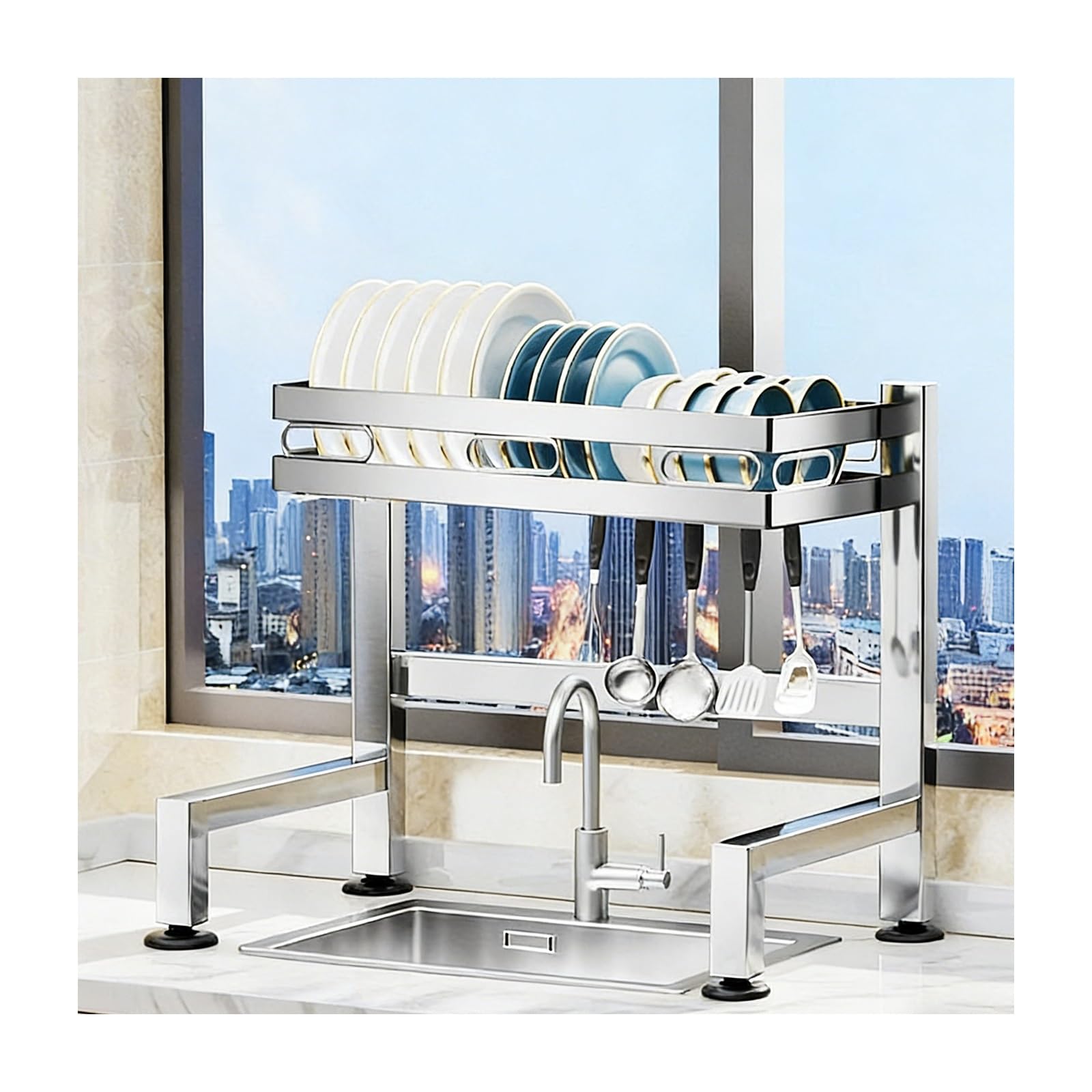 Dish Rack，Geschirrtrockner Abtropfgestell，Teller- Und Geschirrhalter üBer Der SpüLe，Aus Edelstahl Gefertigt, Mit Besteckhalter, Messerhalter Und 8 Haken.(Single Layer A,55cm/21.7in)