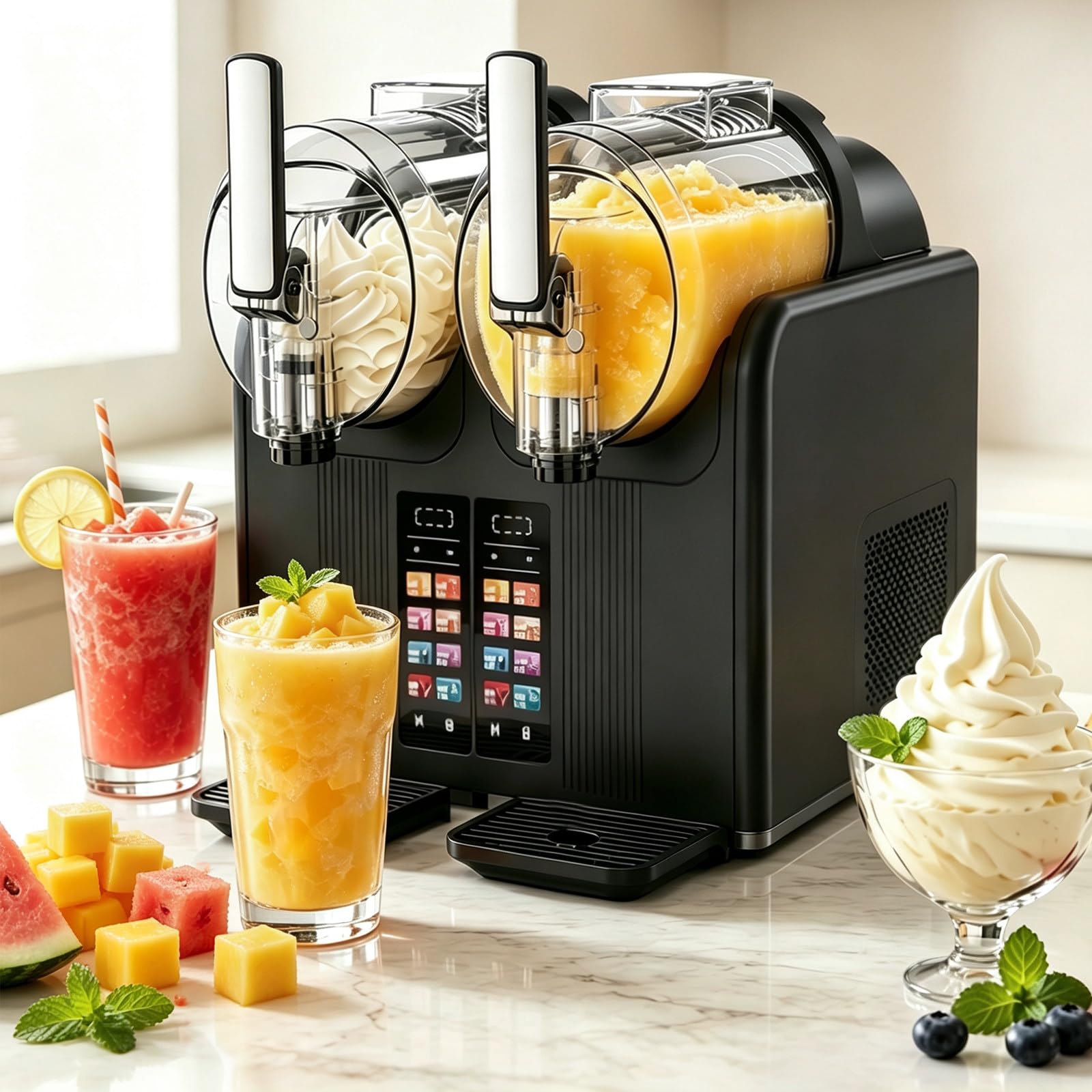 Soft Serve Ice Cream Machine & Slushy Maker, 7 Presets, 2l Dual Tank Black
