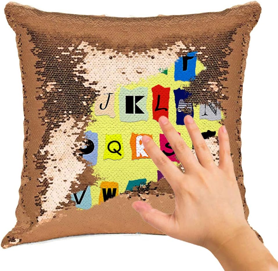 Alphabet Sequin Pillow, Magic Pillow Case & Insert, Learning Alphabet Letters Sequin Pillow, ABC Learning Game (Rose Gold)