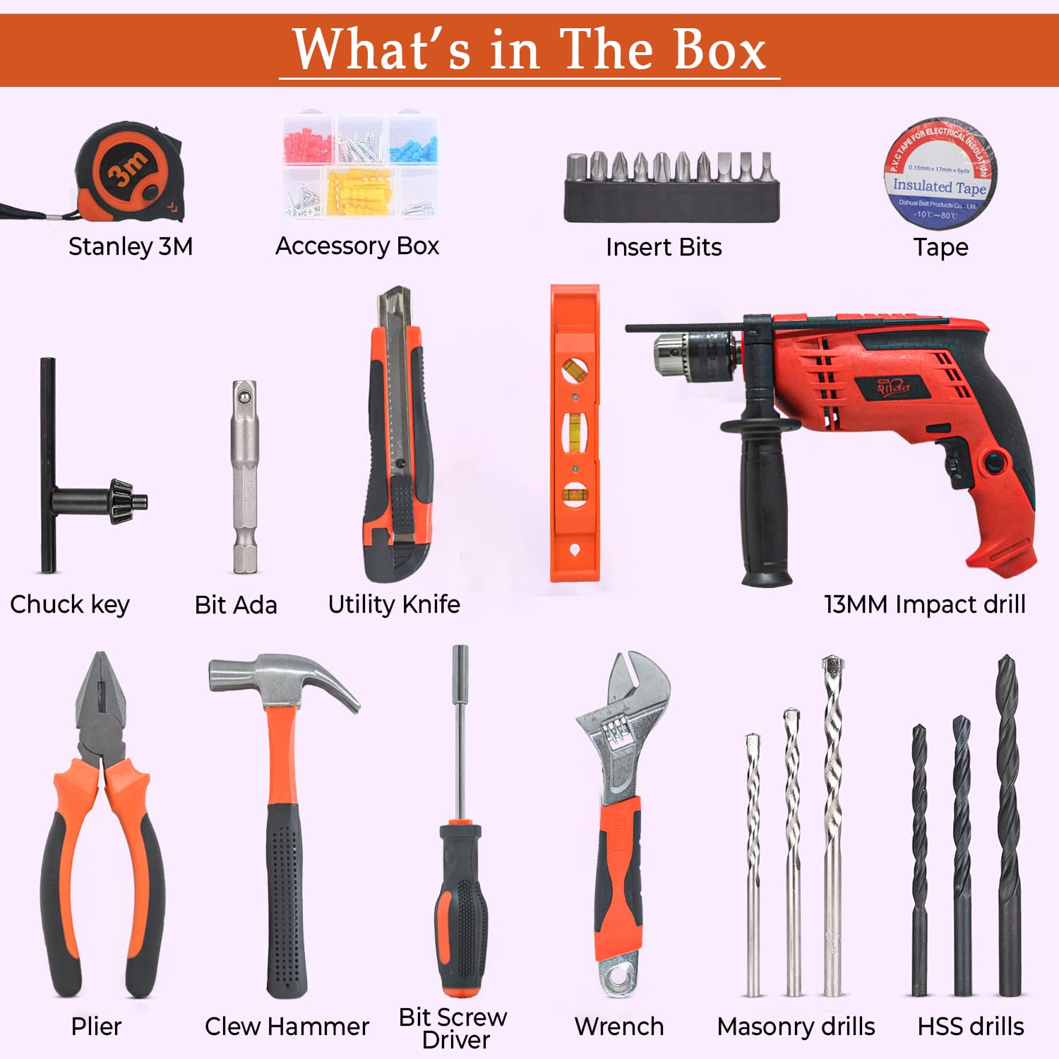 HPD Shakti 13mm Impact Drill Kit - 97 Hand Tools! -8