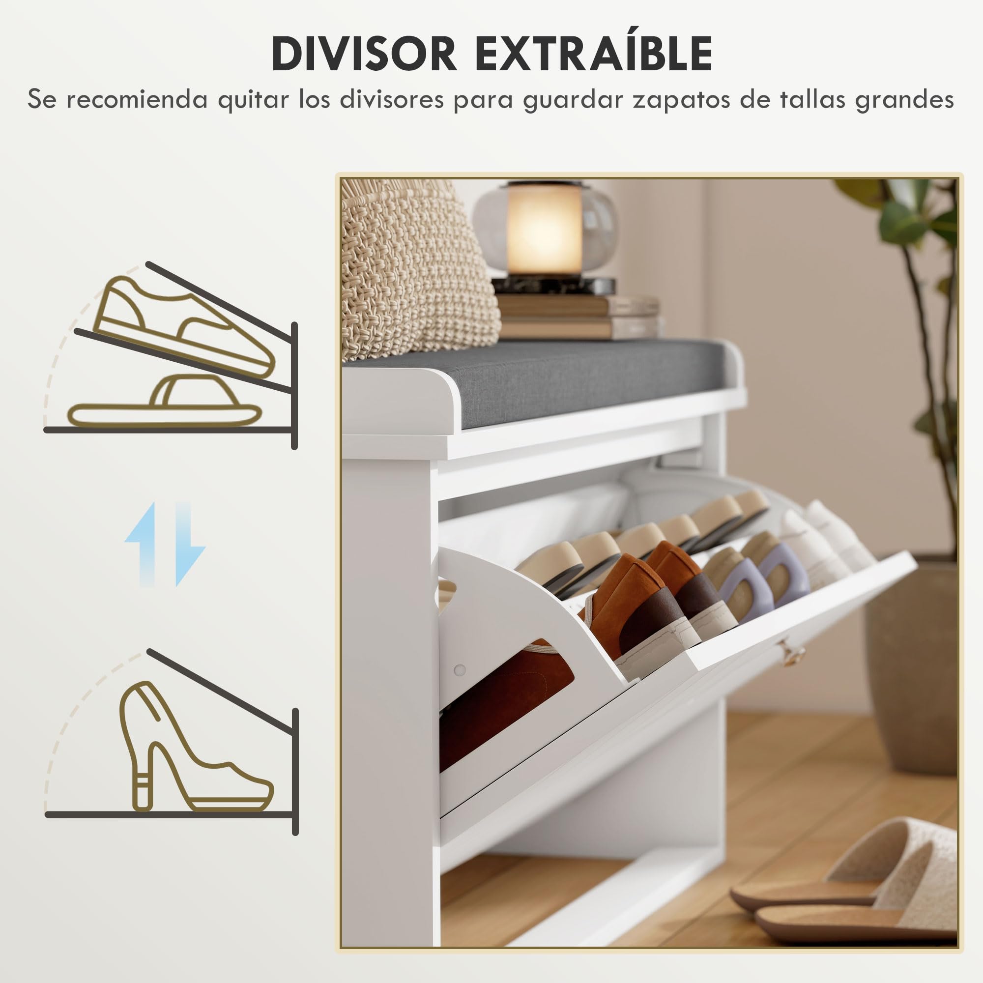 HOMCOM Banco Zapatero con Asiento Moderno de Madera 80x26x48 cm Blanco | Banco con Almacenaje, Mueble Zapatero, Estantes Ajustables, Cojín Acolchado, para 8 Pares de Zapatos, Entrada Recibidor