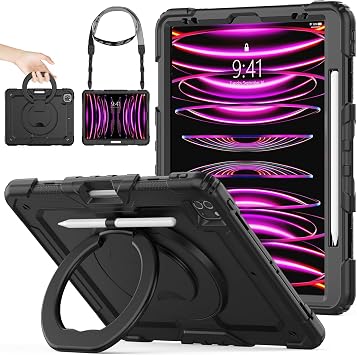SEYMAC stock iPad 12.9 inch iPad Pro 6th 5th 4th 3rd Generation Case, Ring Handle Shockproof Case, Pen Storage, Shoulder Strap, Frame with Film Black Qualified Invoice Dealer