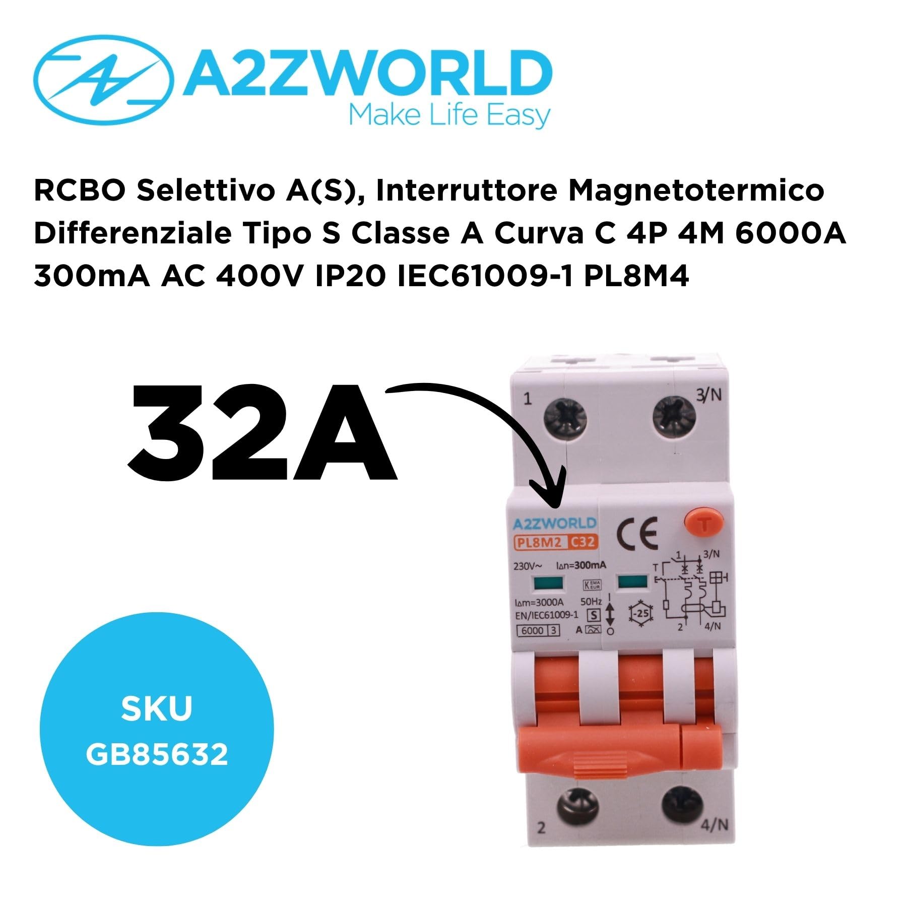 RCBO Selettivo Tipo A(S) 300mA 32A C32, 2P Veri 2 Moduli 6kA 230V Classe A Curva C, Interruttore Magnetotermico Differenziale con Doppia Leva e Diagnostica Visiva, Modello PL8M2
