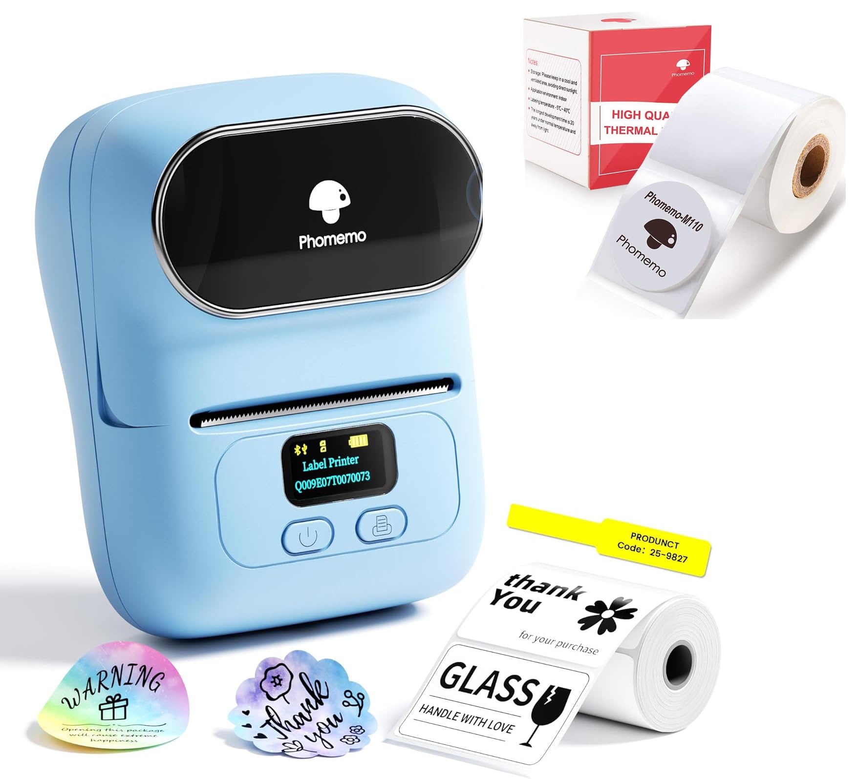 Phomemo M110 Etiquetadora con 2 Rollos de Etiquetas, Impresora de Etiquetas Adhesivas Bluetooth térmica portátil, para Uso en oficinas, códigos de Barras, pequeñas Empresas, Tiendas